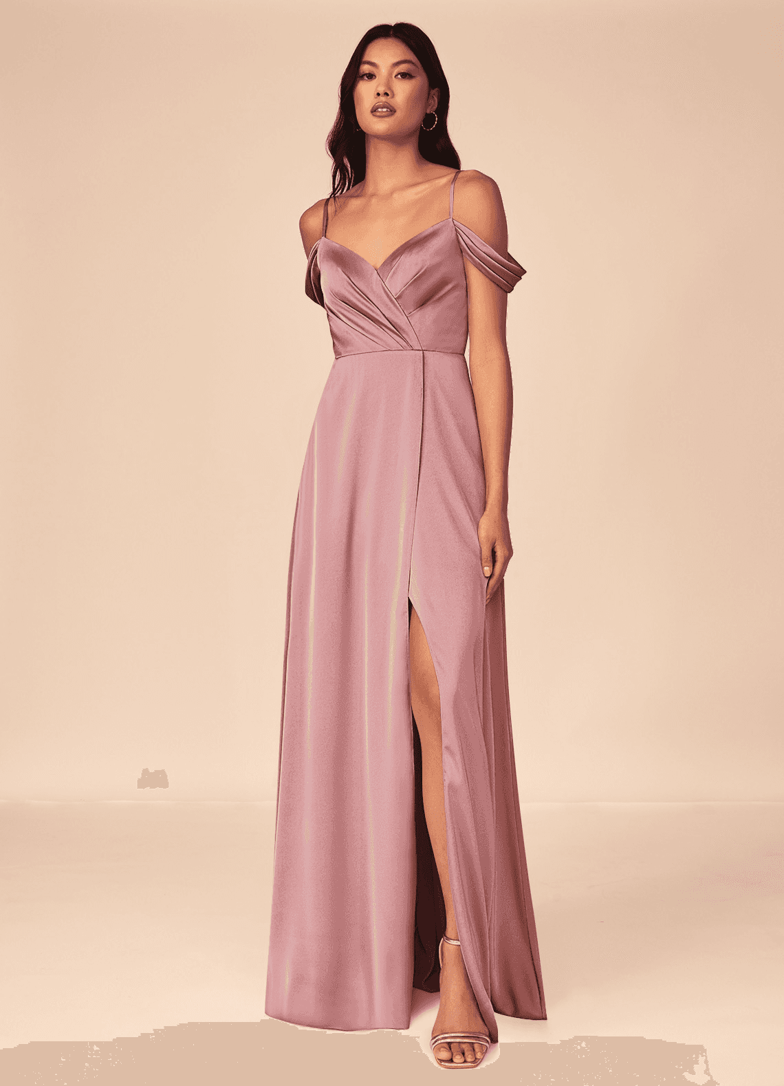 Azazie Ocean Vestidos de damas de honor Vestido de Rosa Polvorienta de Satén Elástico de Corte en A con Cuello en V Plisado image1