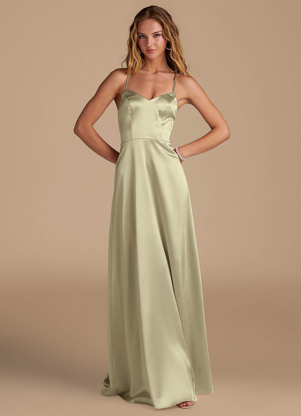 Azazie Mei Bridesmaid Dresses Moss Green A-Line Metallic Satin Dress image1