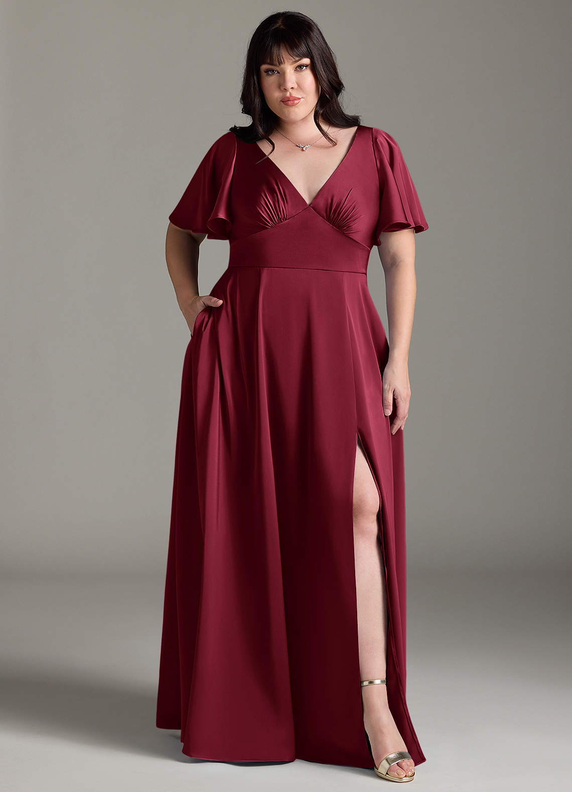 Azazie Kimber Bridesmaid Dresses Burgundy A-Line Ruched Stretch Satin Dress image1