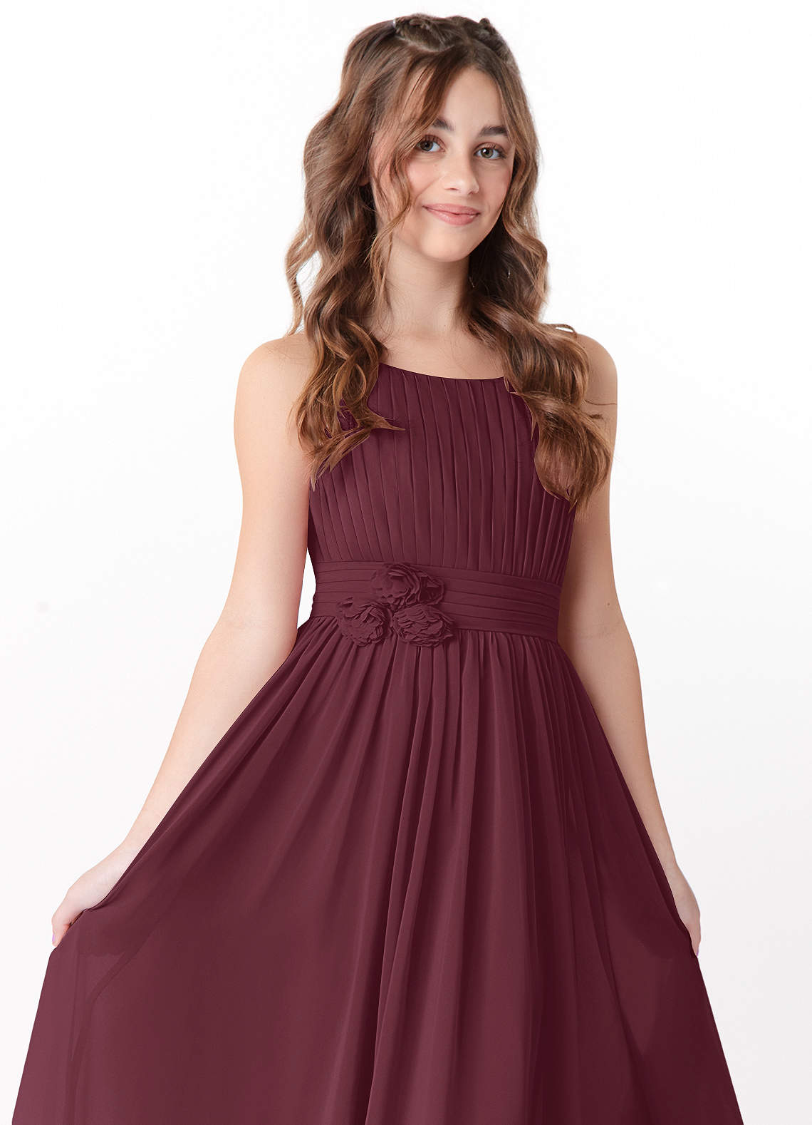 Azazie Astrid Junior Cabernet A-Line Floral Chiffon Dress image1