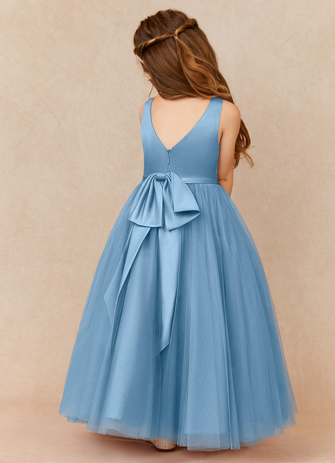 Azazie Marybell Steel Blue A-Line Bow Tulle Dress | Azazie