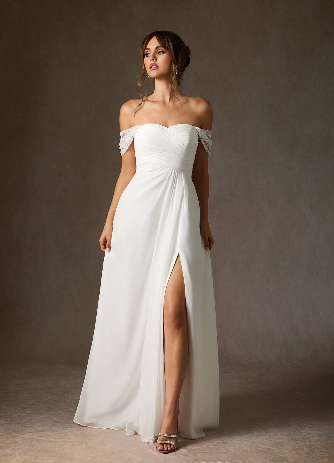 Azazie Zadie Trouwjurken Jurk van Chiffon met A-Lijn Off the Shoulder Diamant Wit image2