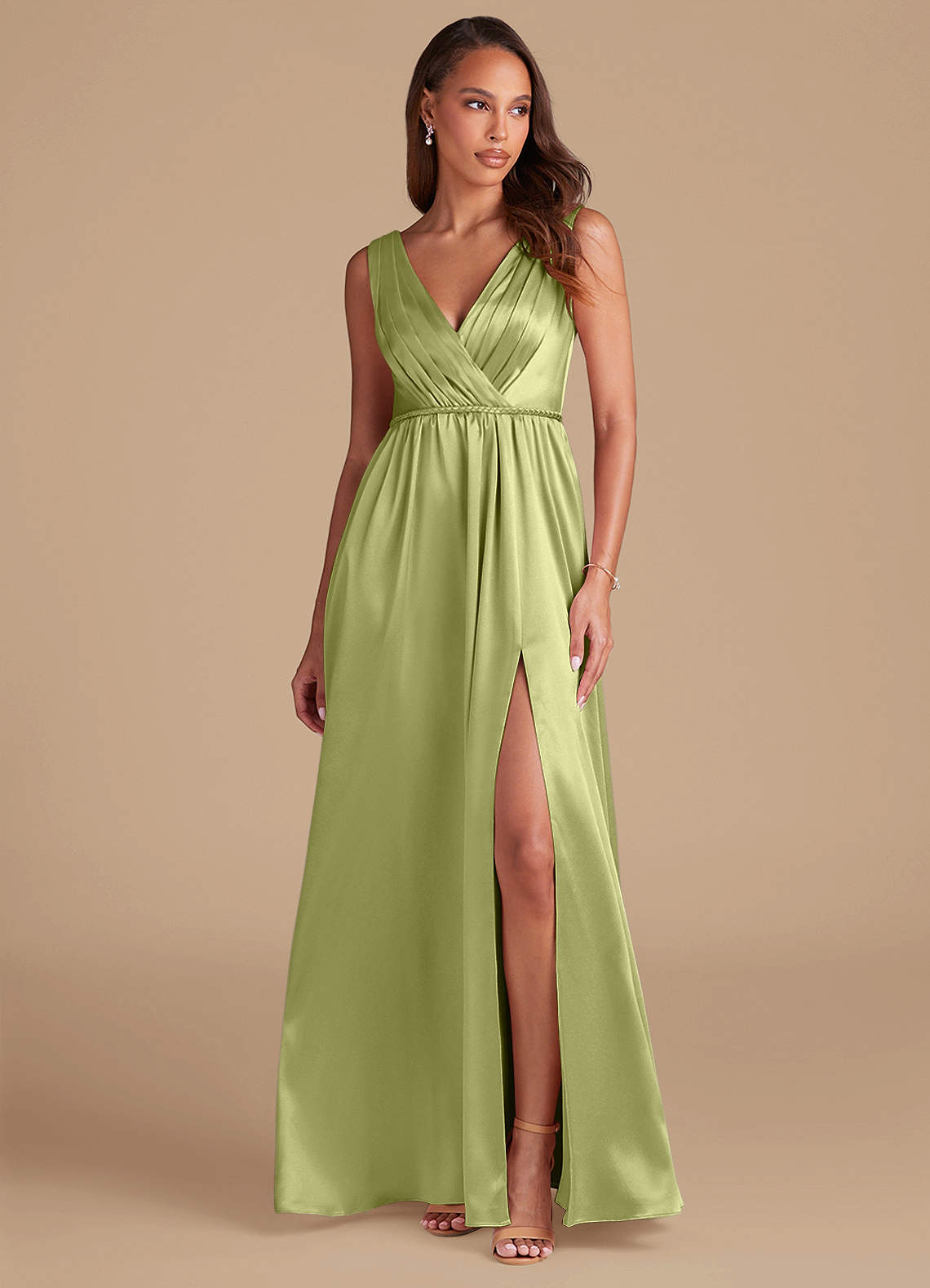 Azazie Tanicia Bridesmaid Dresses Pistachio A-Line Pleated Metallic Satin Dress image1