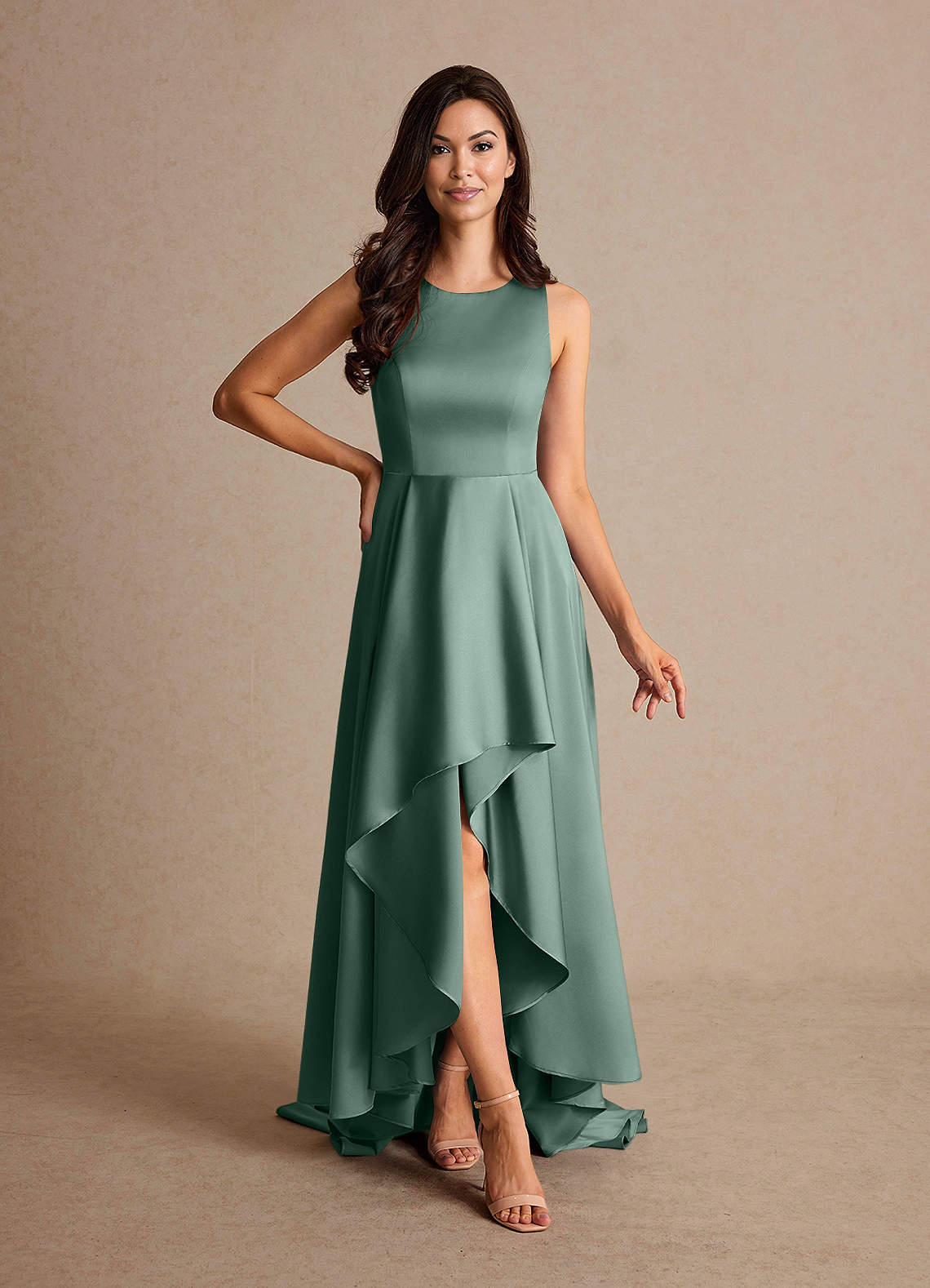 Azazie Niles vestidos de madre de la novia Vestido de Eucalipto de Satén Elástico de Corte En A con Trenes image1