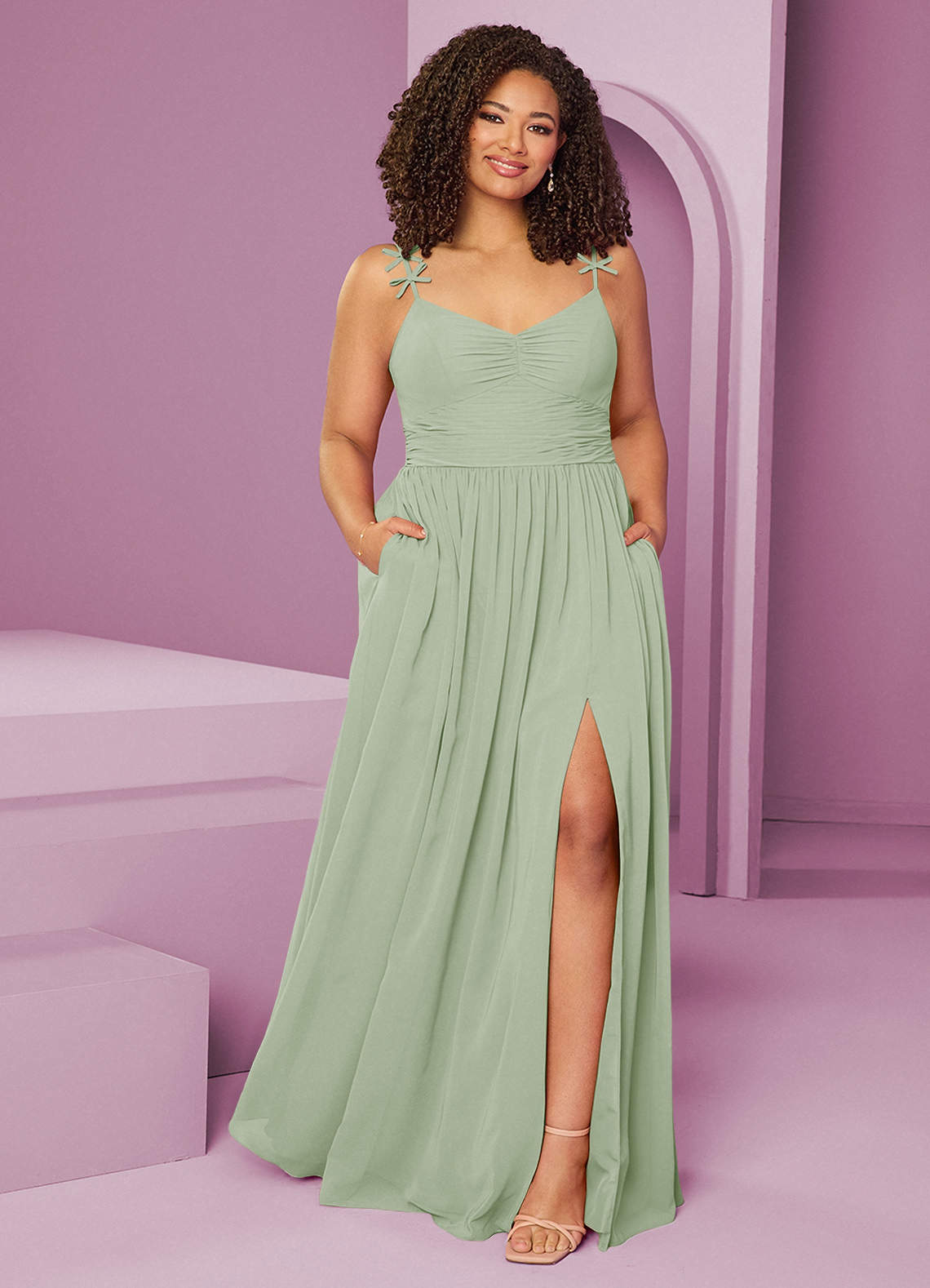 Barbie ♥ Azazie Jurken voor bruidsmeisjes Jurk van Chiffon met A-Lijn Geplooid Stoffige Salie image1