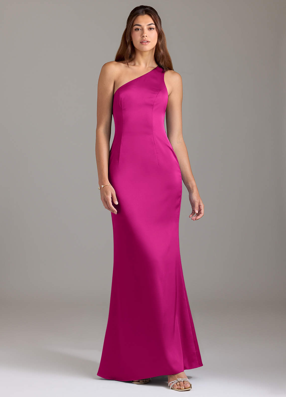 Azazie Arleth Vestidos de damas de honor Vestido de Fucsia de Satén Elástico de Corte en A con Hombro unilateral image1