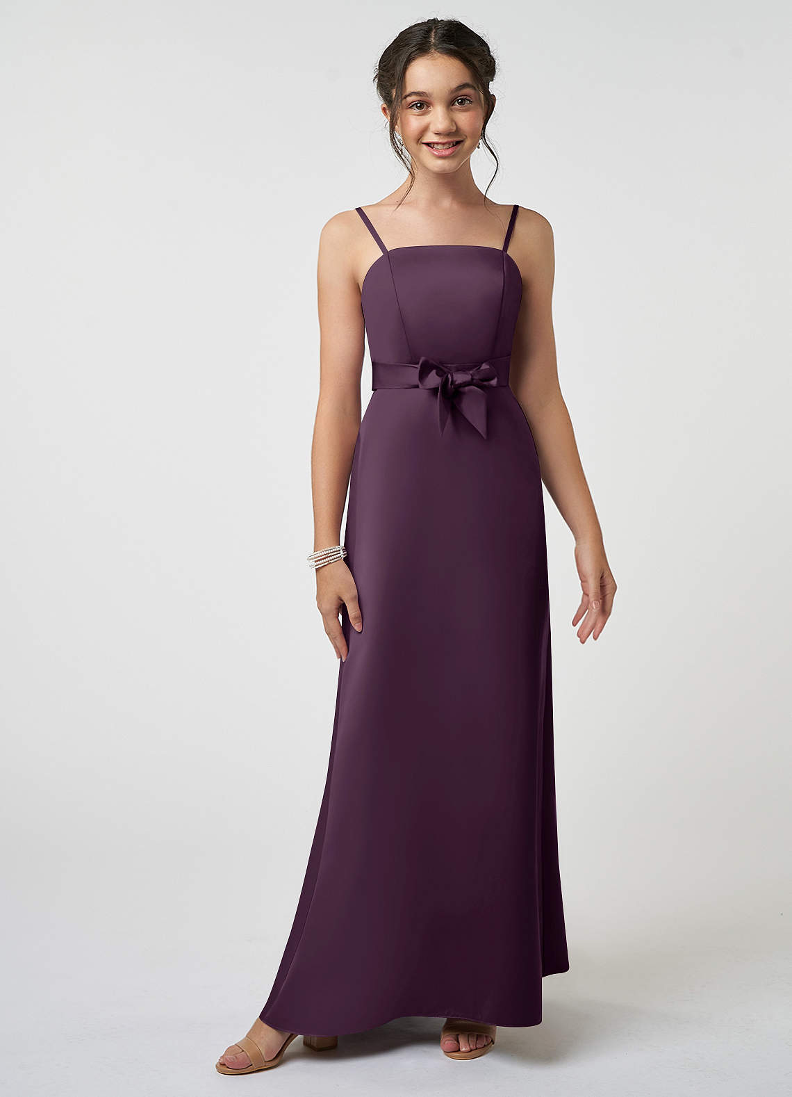 Azazie Anina Junior Robe Trapèze en Satin extensible Arc Prune image1