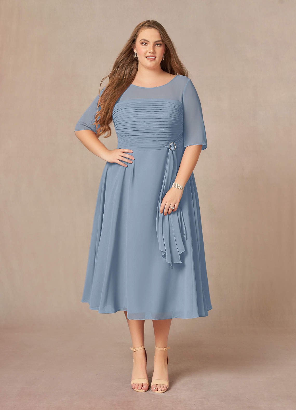 Azazie Naomi Mother of the Bride Dresses Dusty Blue A-Line Boatneck Pleated Chiffon Dress image9