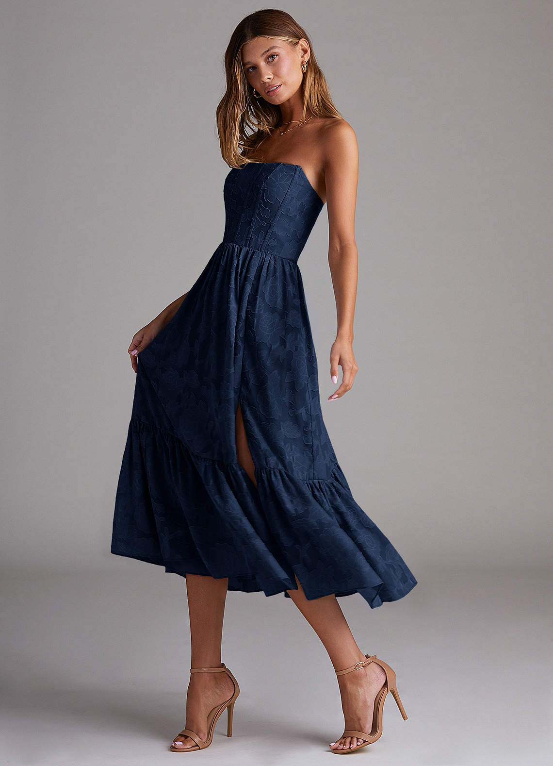 Azazie Delphina Bridesmaid Dresses Dark Navy A-Line Strapless Floral Burnout Dress image3