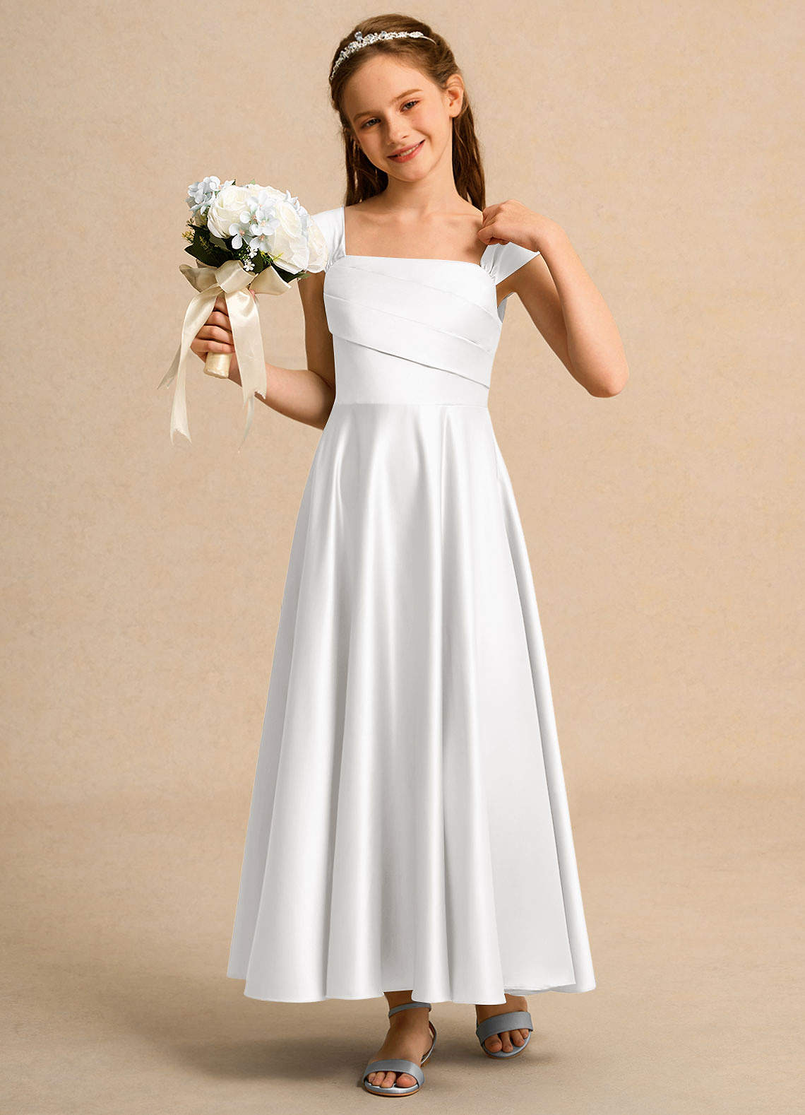 Azazie Bundle Girls Formal Kukkatyttöjen mekot A-linja Pliseerattu Matta satiini Nilkan pituus Pukeutua image3