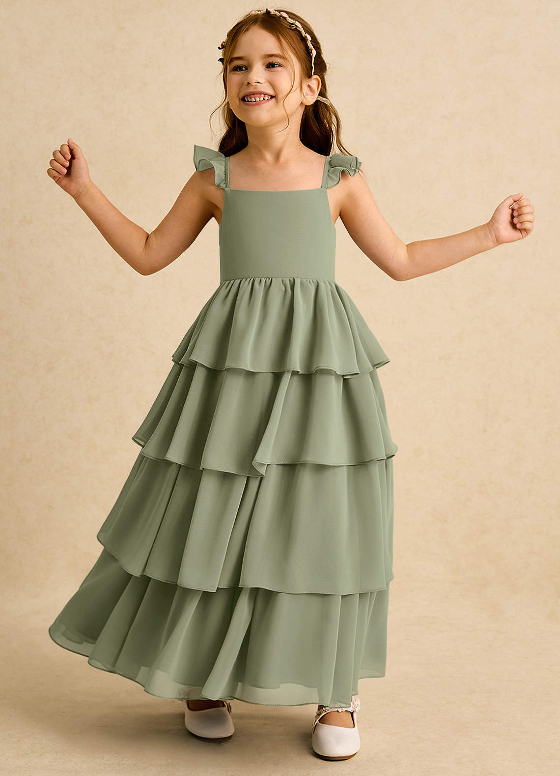 Azazie Boba Flower Girl Dresses Pistachio A-Line Square Neckline Chiffon Dress image1