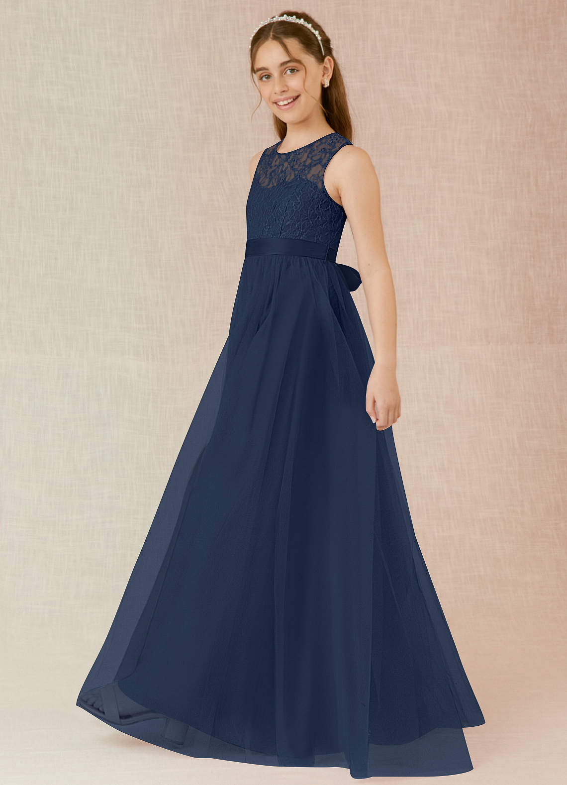 Azazie Georgette Junior A-Linie Spitze Tüll Kleid Dunkelmarine image2