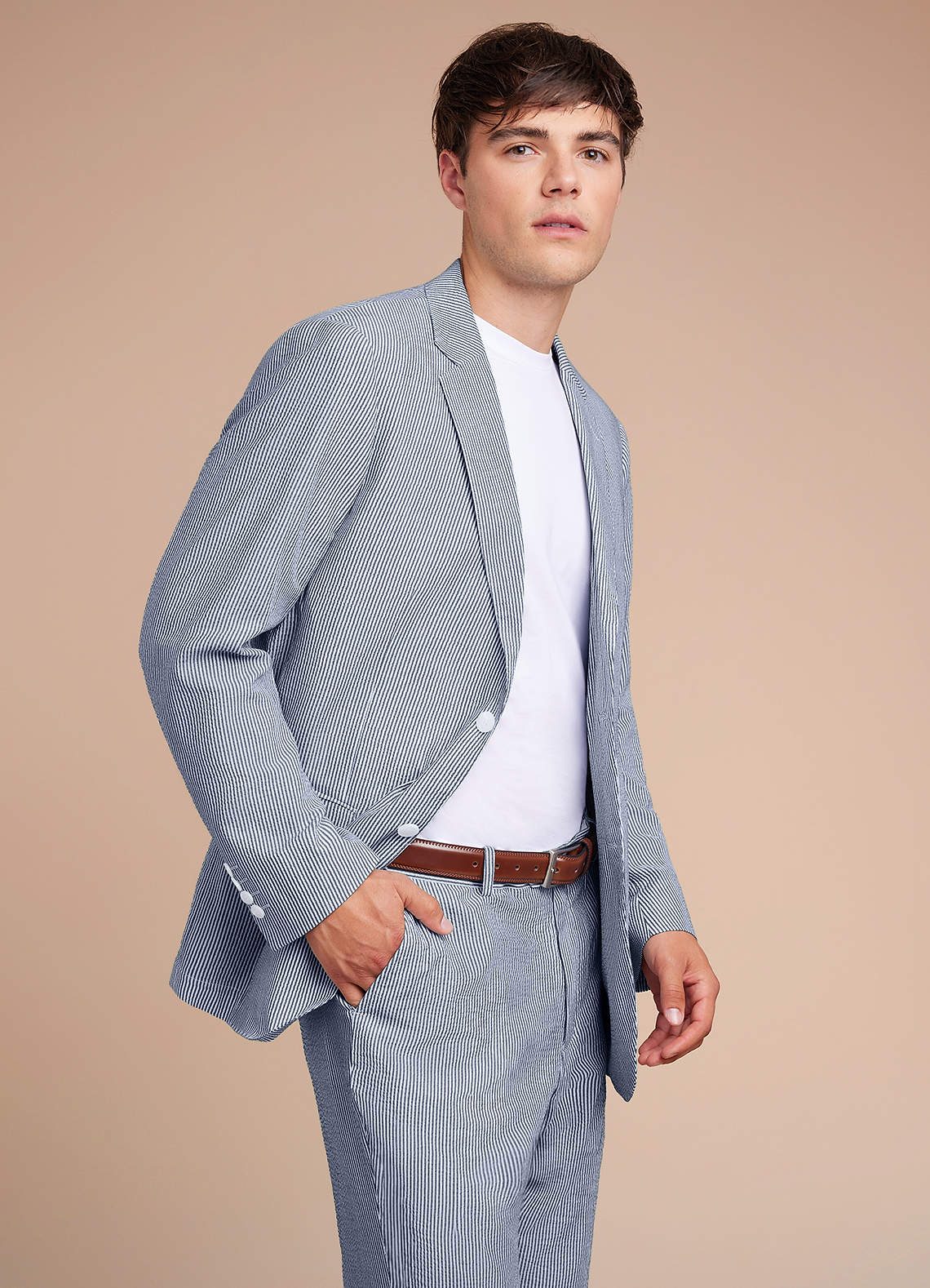 front Gavin Azul Traje de pantalón de seersucker a rayas