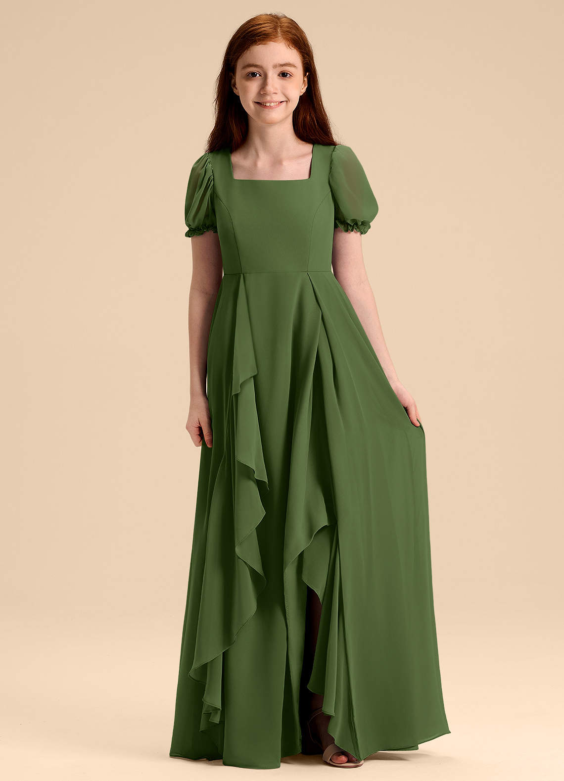 Azazie Priya Junior Olive A-Line Blouson Chiffon Dress image1