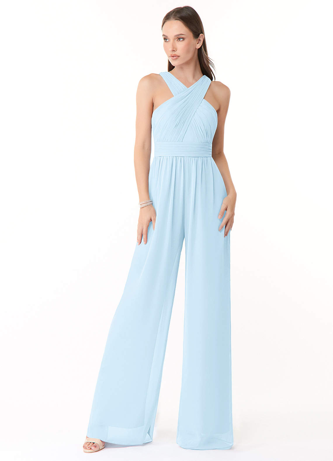Azazie Berdie Bridesmaid Dresses Sky Blue Halter Chiffon Jumpsuit image1