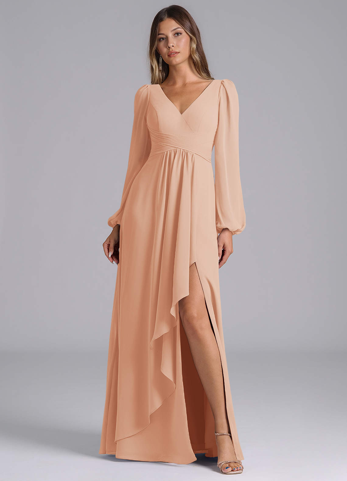 Azazie Omari Bridesmaid Dresses English Rose A-Line Long Sleeve Chiffon Dress image1