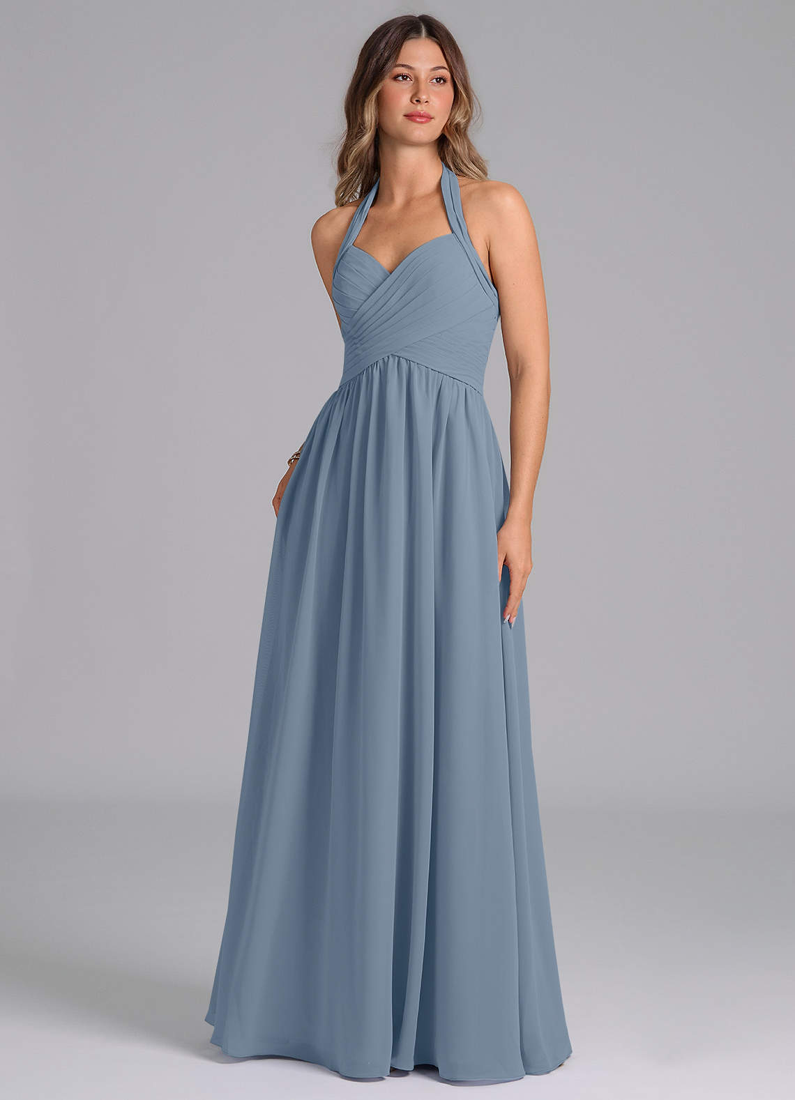 Azazie Darlyn Bridesmaid Dresses Dusty Blue A-Line Pleated Chiffon Dress image1