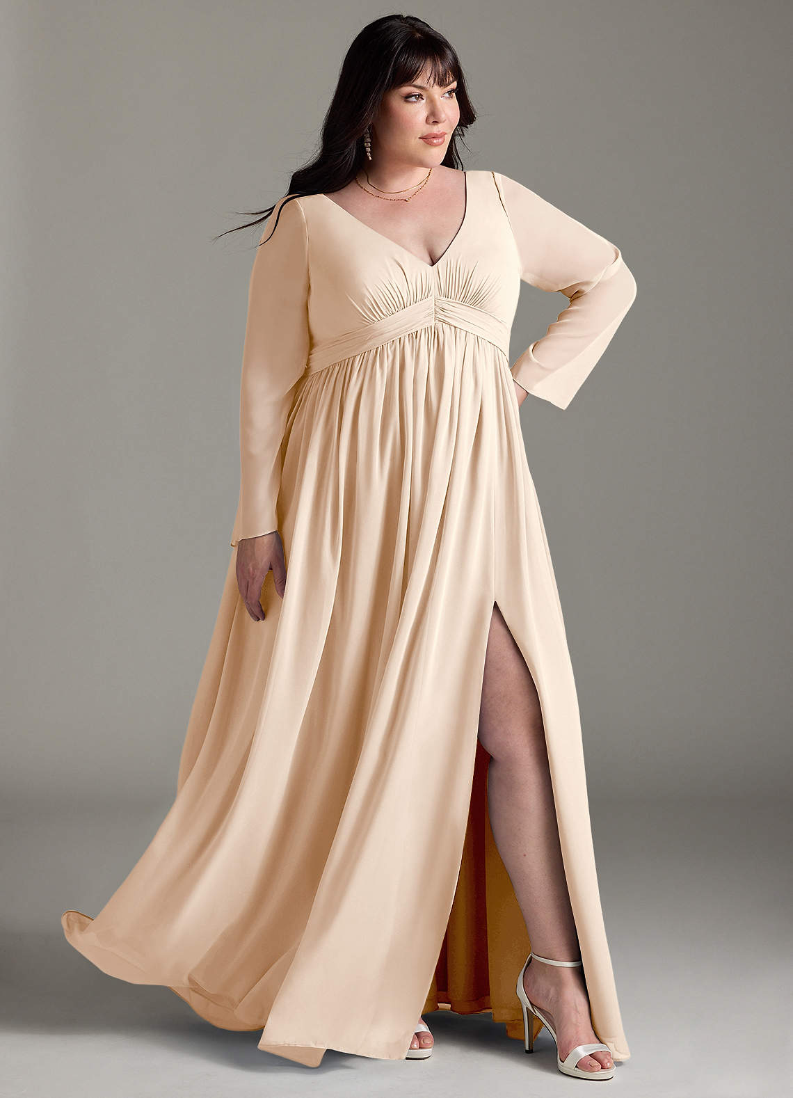 Azazie Teton At-home Try On Dresses A-Line Long Sleeve Chiffon Floor-Length Dress image10