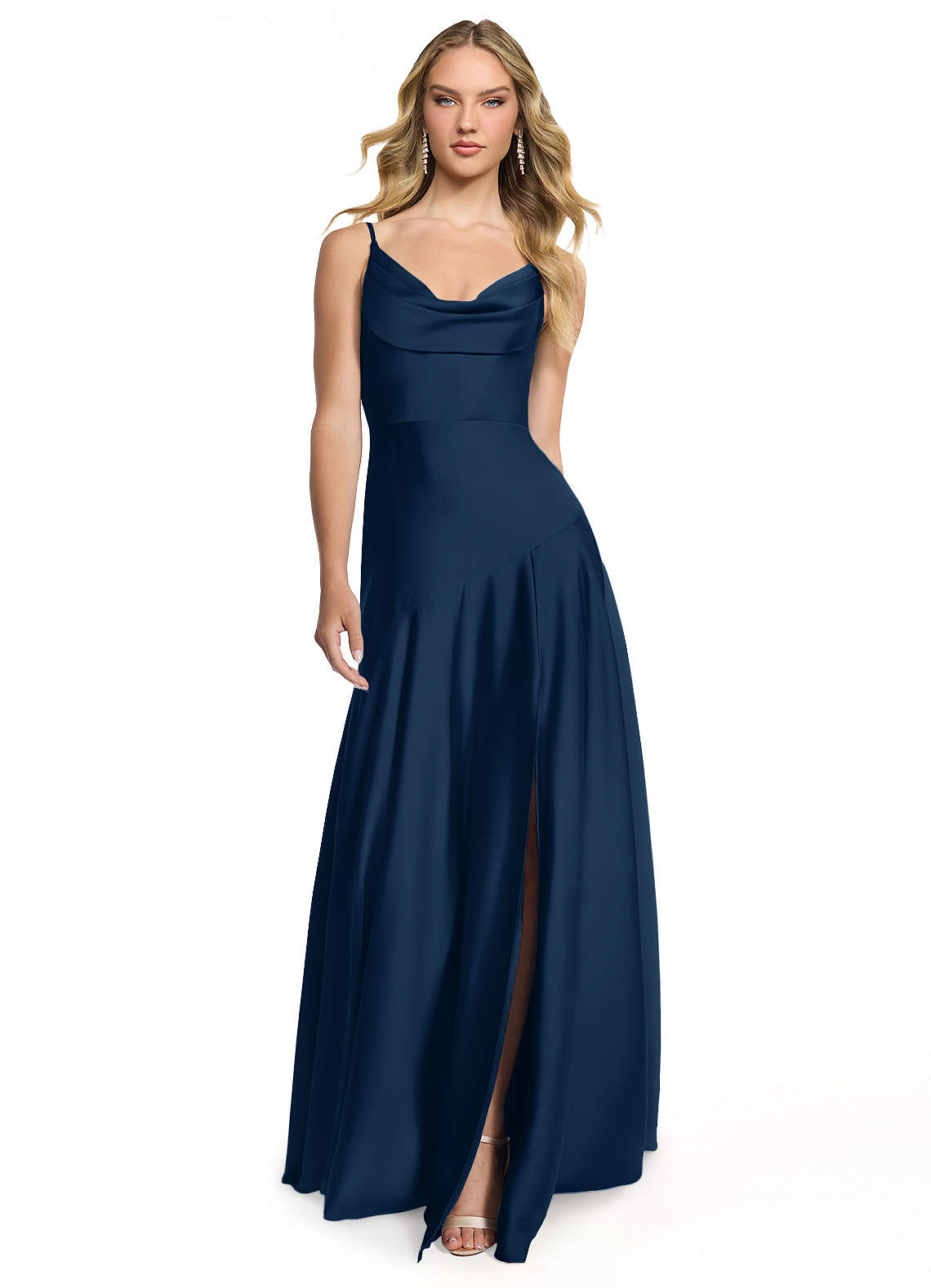 Azazie Kayla Bridesmaid Dresses Dark Navy Sheath Side Slit Stretch Satin Dress image1