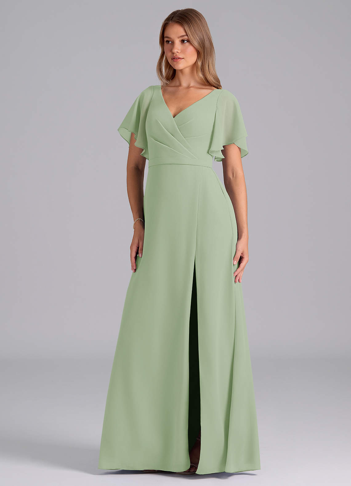 Azazie Ambrosia Bridesmaid Dresses Dusty Sage A-Line Pleated Chiffon Dress image1