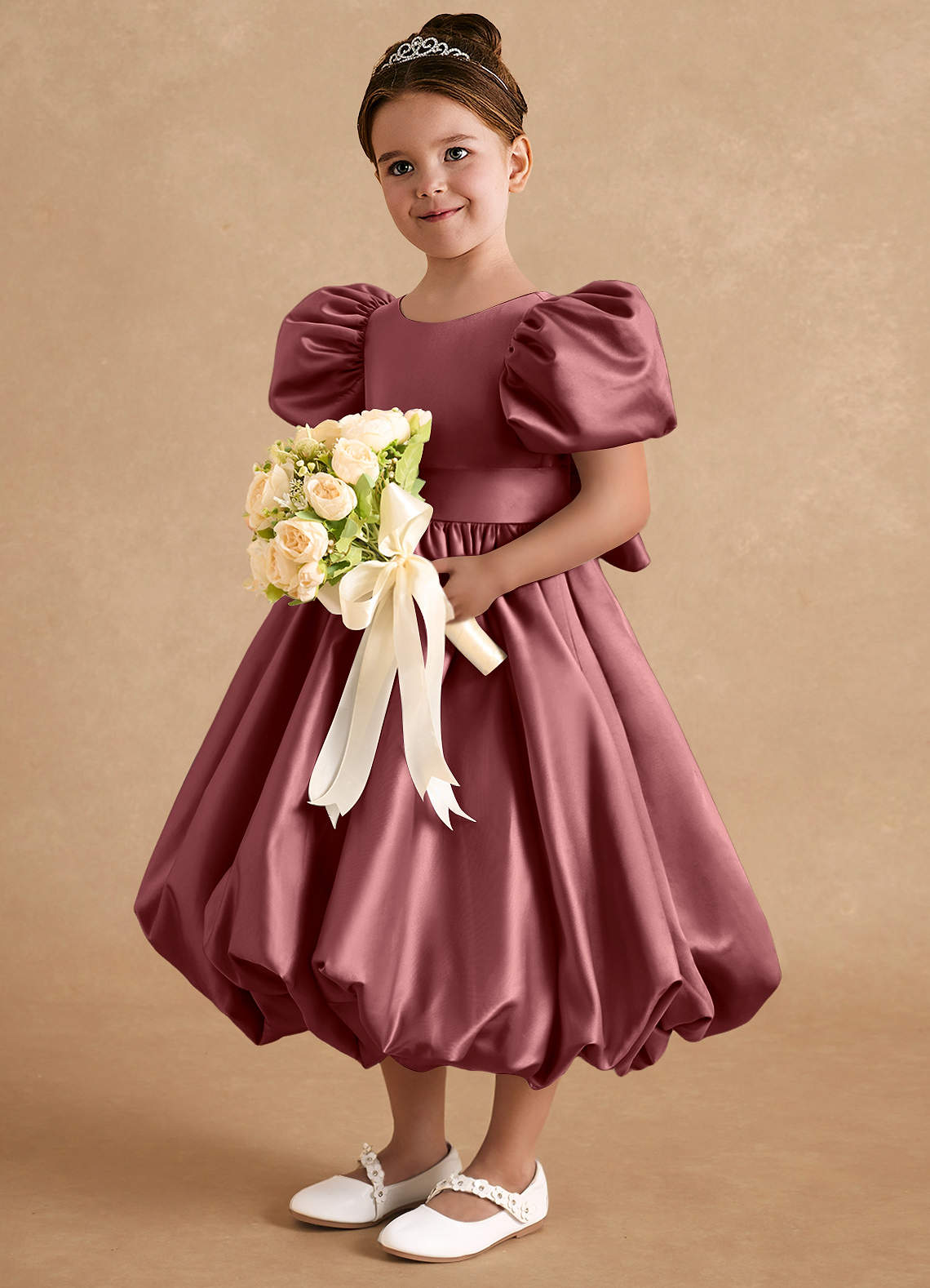 Azazie Jellybean Flower Girl Dresses Amethyst Ball-Gown Ruched Matte Satin Dress image1