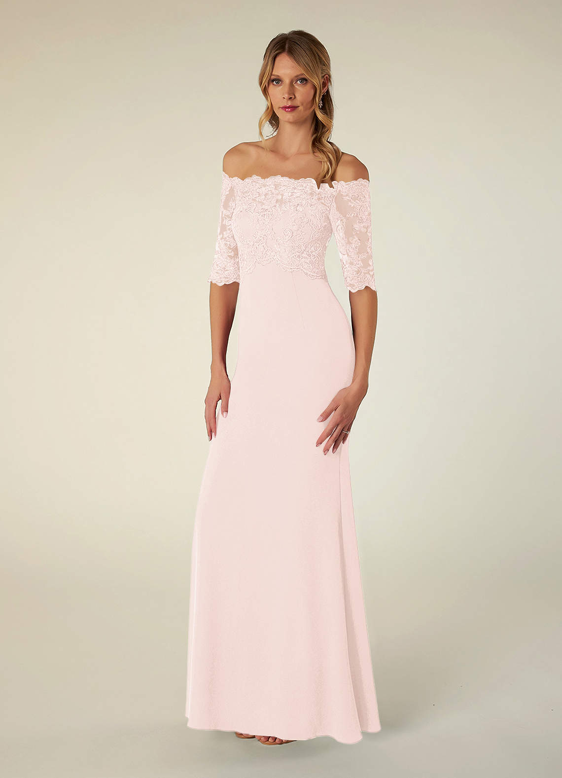 Azazie Jette Blushing Pink Mermaid Off the Shoulder Lace Dress | Azazie