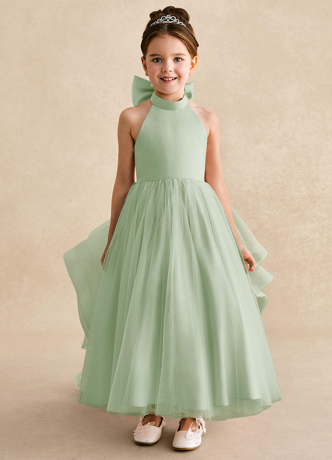 Azazie Bev Flower Girl Dresses Dusty Sage A-Line Convertible Tulle Dress image2
