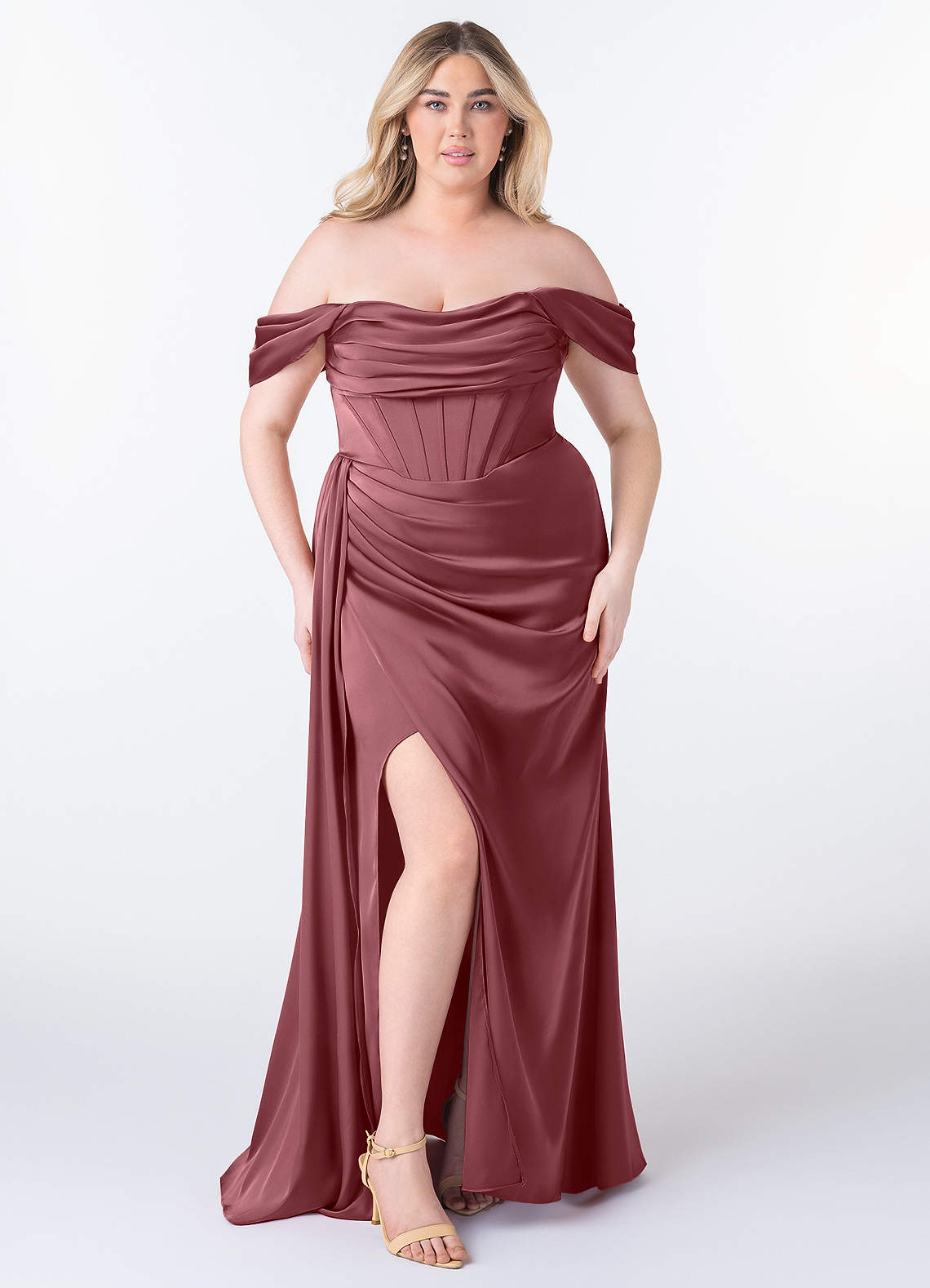 Azazie Amyra Bridesmaid Dresses Desert Rose Sheath Off the Shoulder Stretch Satin Convertible Dress image1
