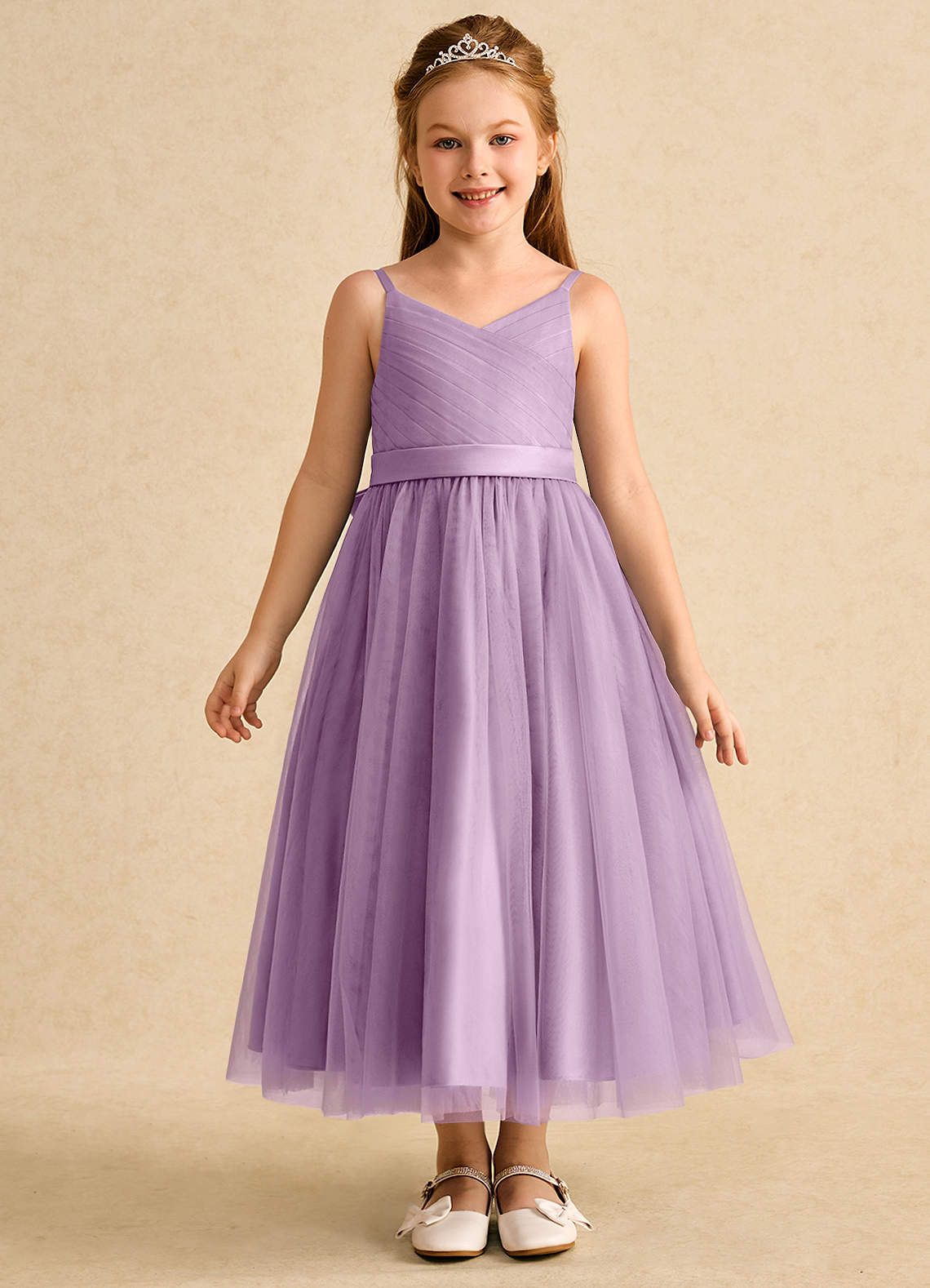 Azazie Patootie vestidos de niña de las flores Vestido de Glicinia de Tul de Corte En A con Tirante Espagueti image1