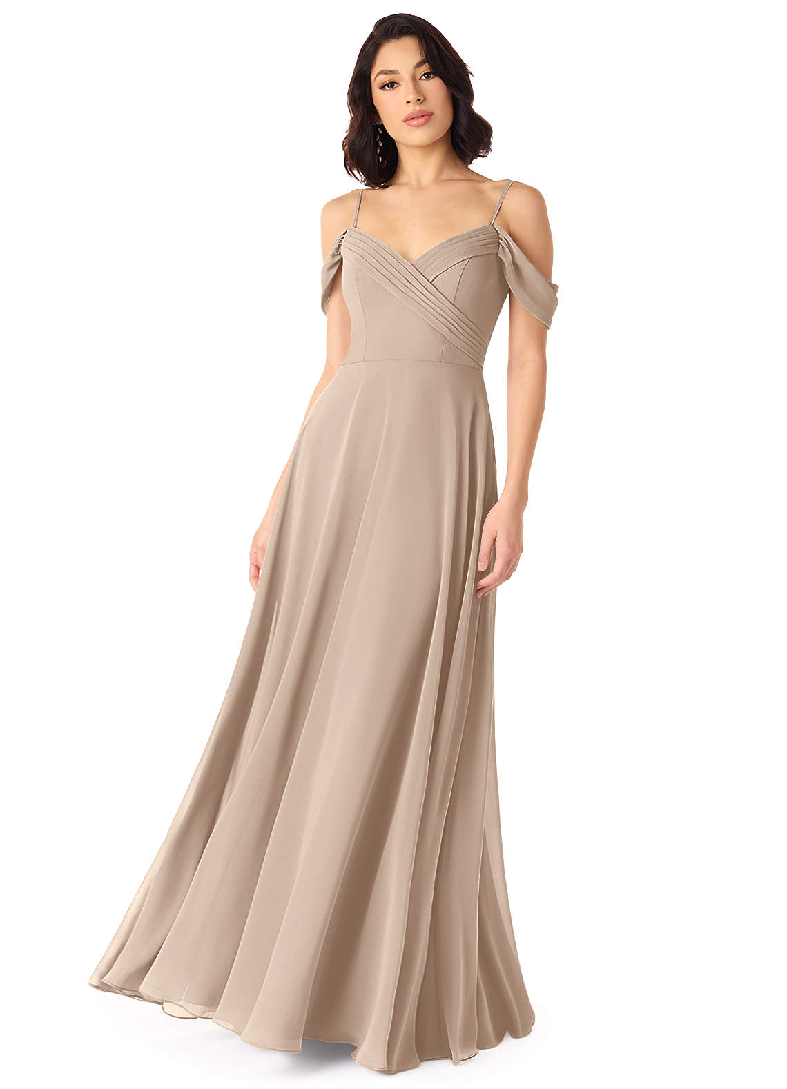 Azazie Tancie Bridesmaid Dresses Taupe A-Line Off the Shoulder Chiffon Convertible Dress image1
