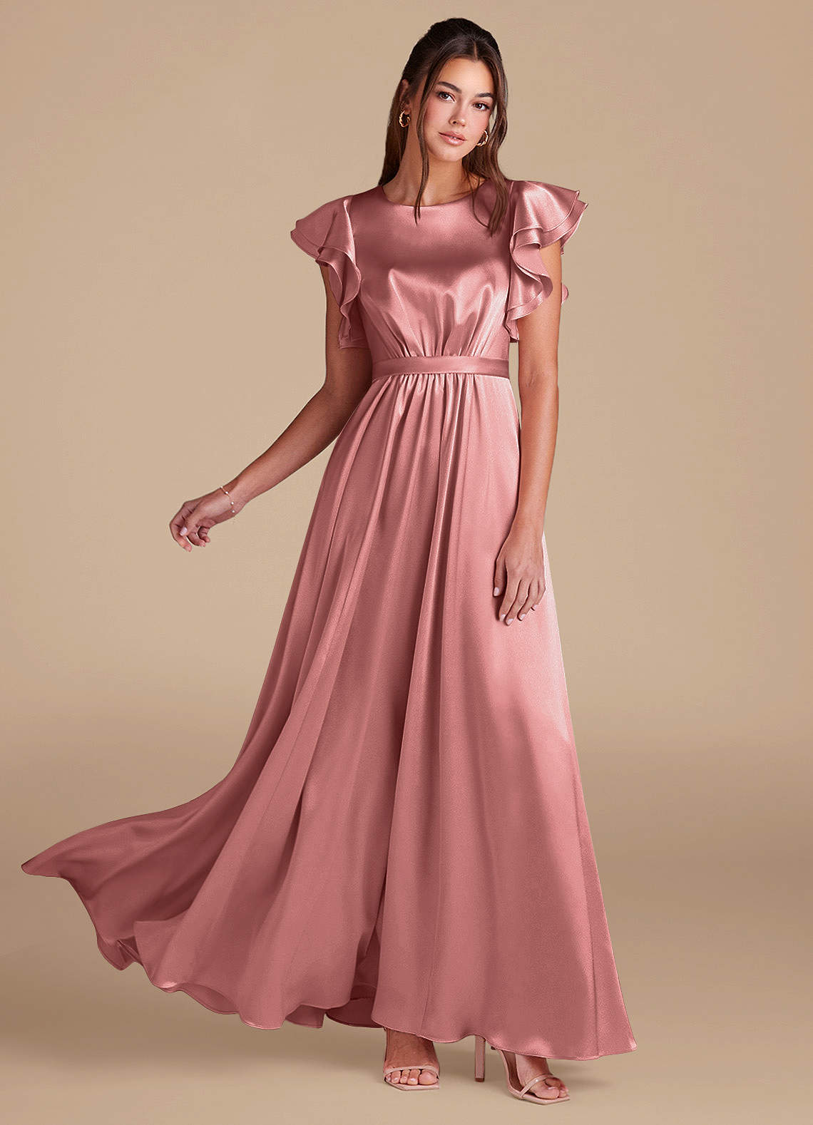 Azazie Daphne Modest Bridesmaid Dresses A-Line Ruched Metallic Satin Floor-Length Dress image1