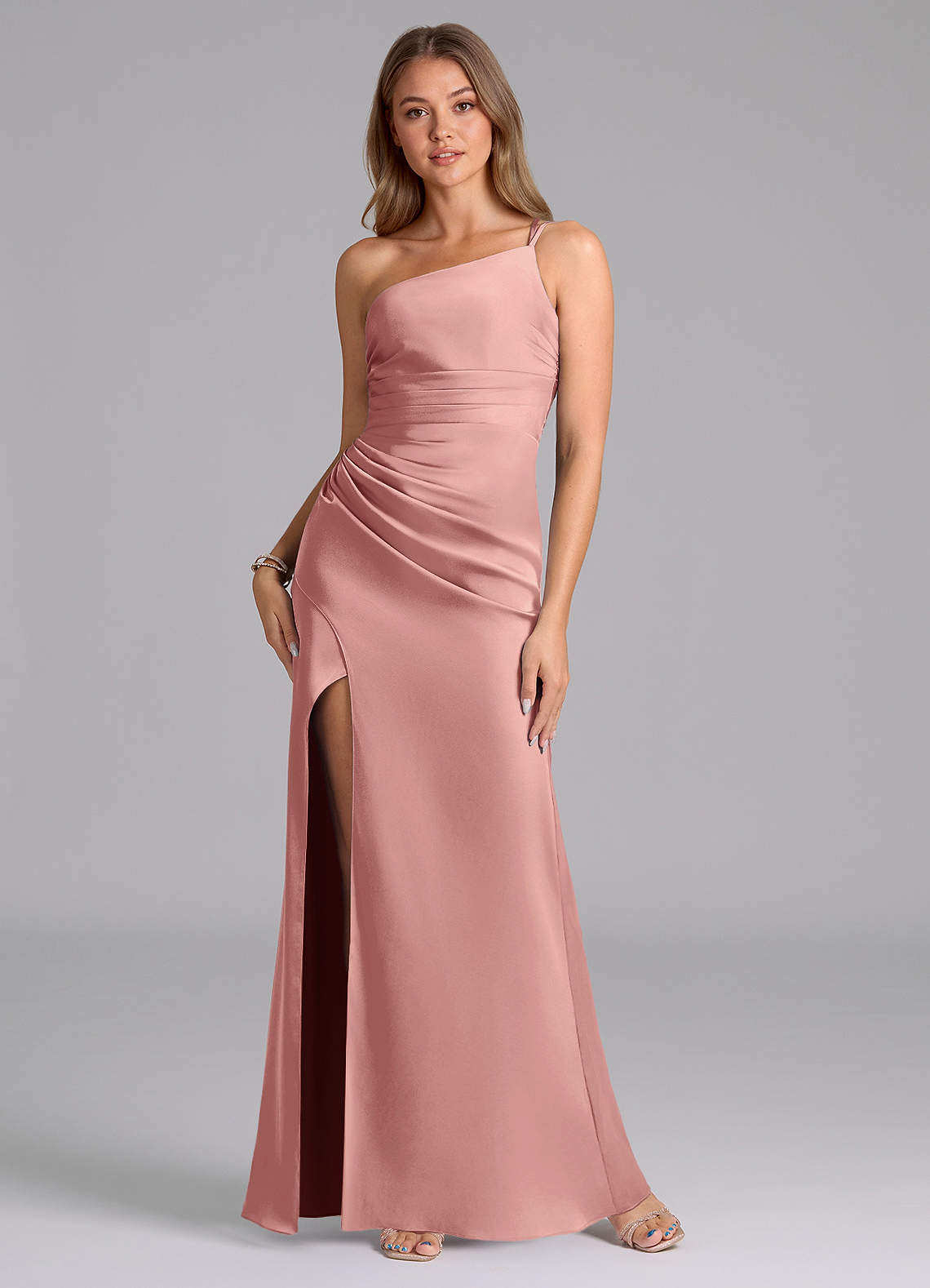 Azazie Eren Bridesmaid Dresses Rosette Mermaid One Shoulder Stretch Satin Dress image1