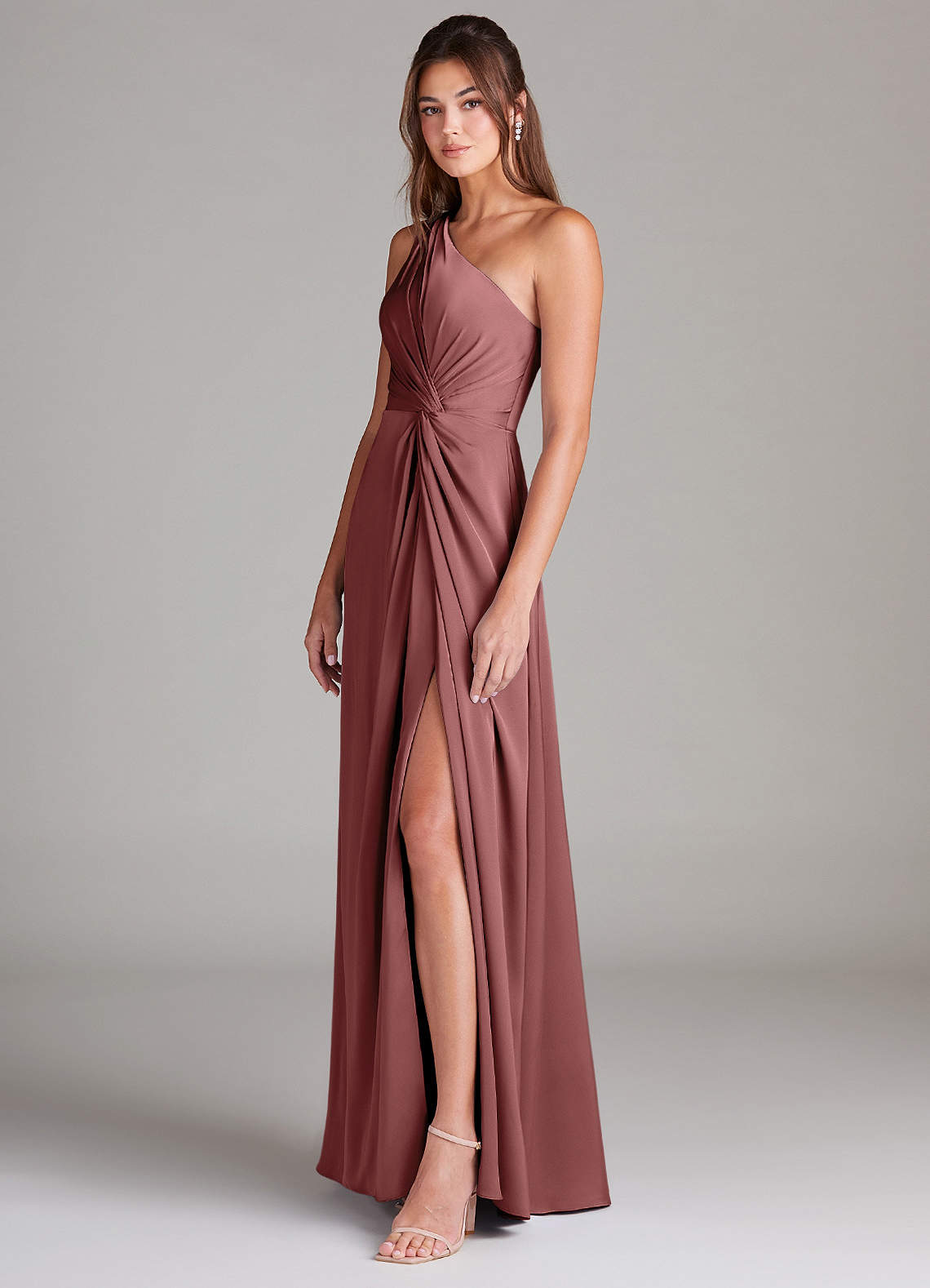 Azazie Brooke Bridesmaid Dresses Amethyst A-Line One Shoulder Stretch Satin Dress image4