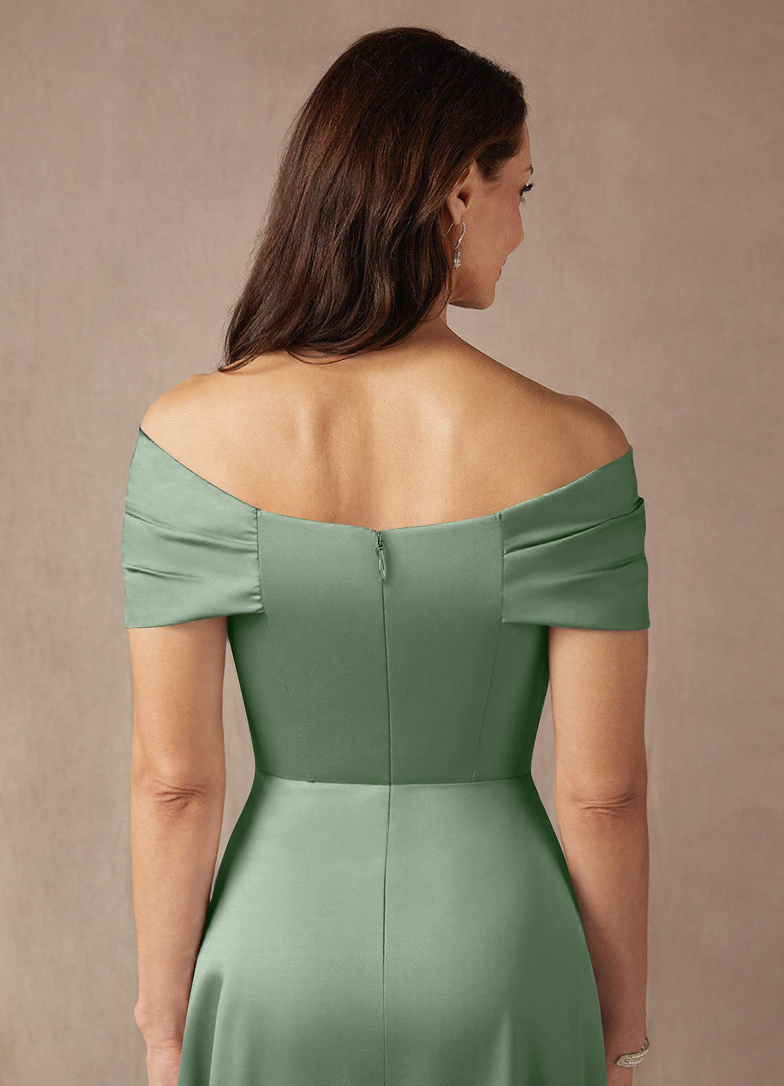 Azazie Amelia Mother of the Bride Dresses Matcha A-Line Off the Shoulder Stretch Satin Dress image7