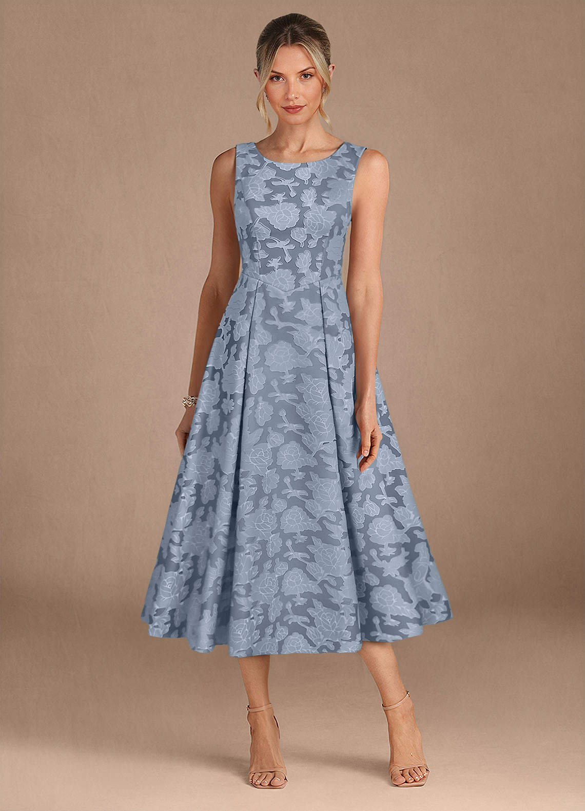 Azazie Fulton vestidos de madre de la novia Vestido de Azul Polvoriento de Devorado Floral de Corte En A con Plisado image4