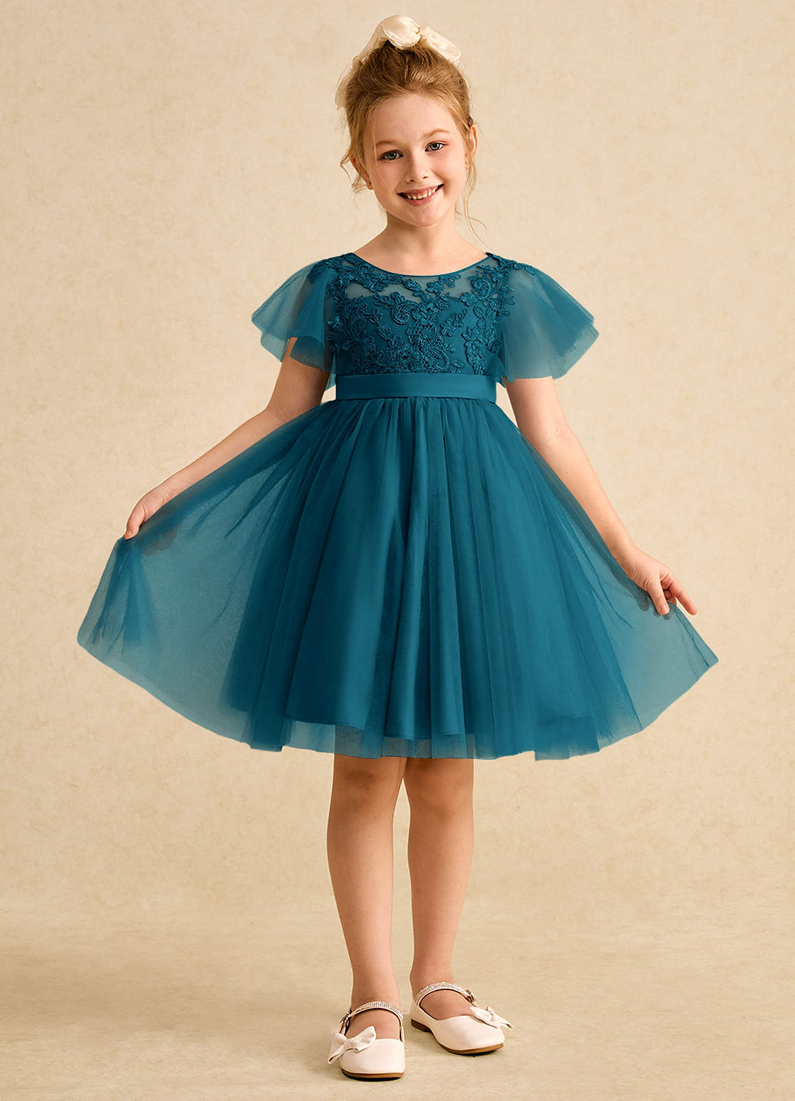 Azazie Queenie Flower Girl Dresses Ink Blue A-Line Lace Dress image1