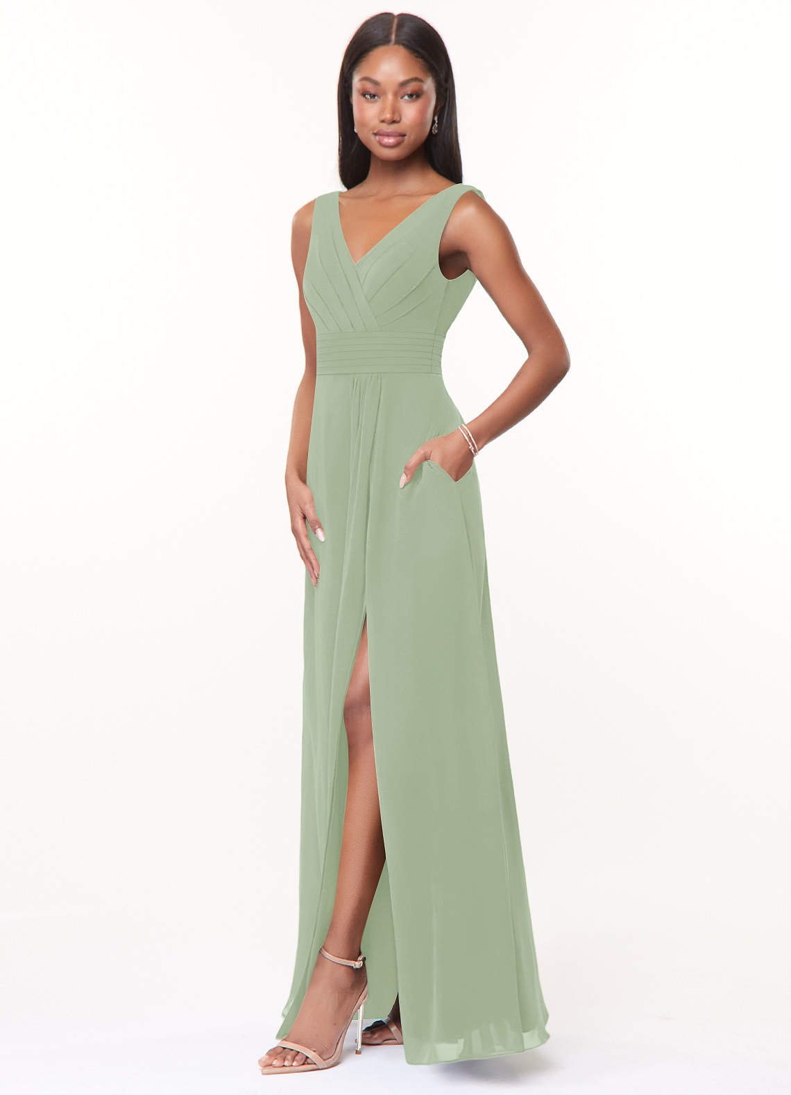 Azazie Karina Bridesmaid Dresses Dusty Sage A-Line Pleated Chiffon Dress image2