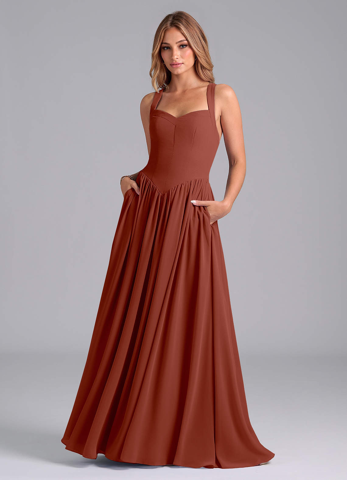 Azazie Francis Brautjungfernkleider A-Linie Korsett Chiffon Kleid Rotbraun image1