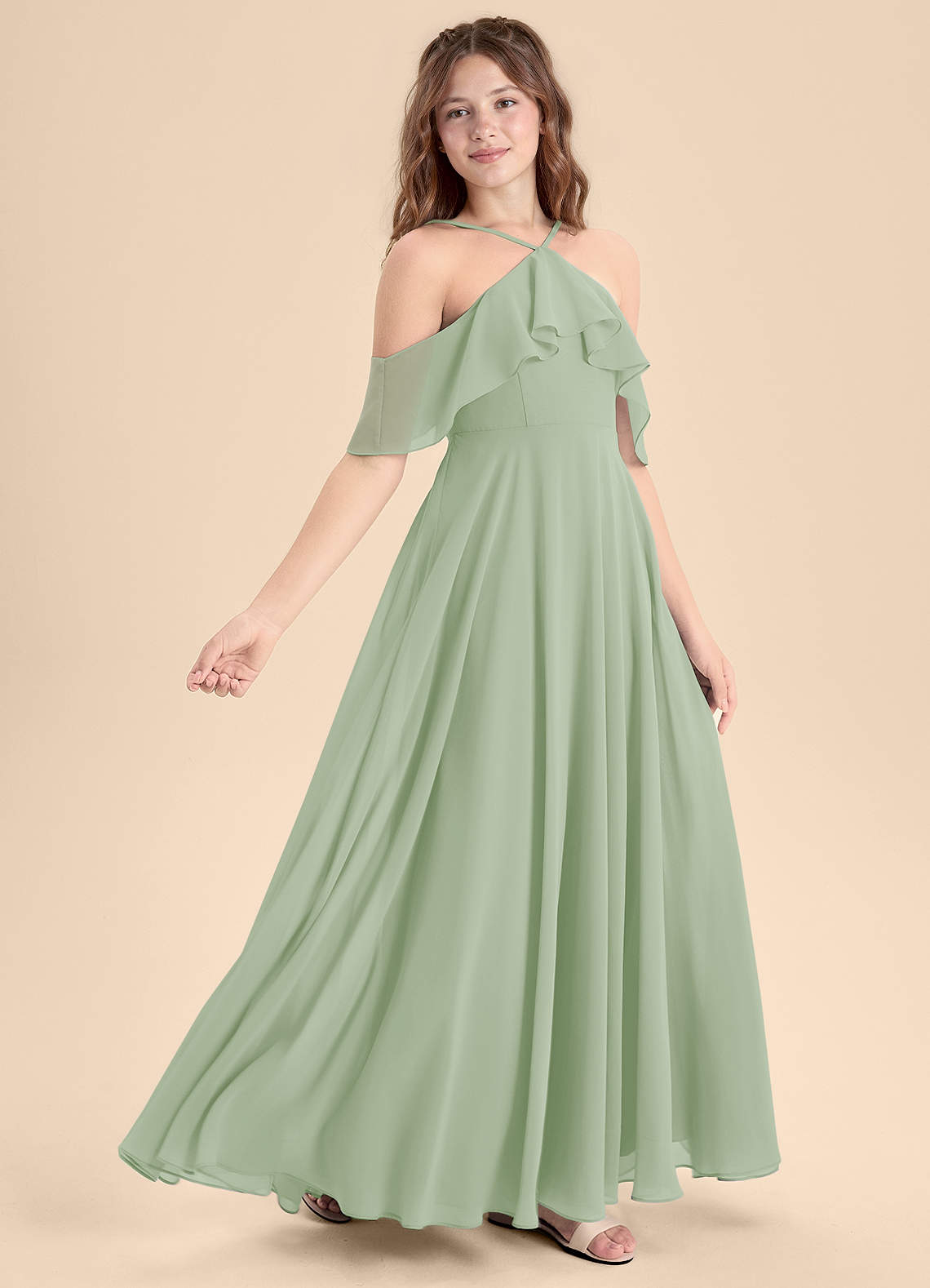 Azazie Tessabelle Junior Vestido de Salvia Polvorienta de Gasa de Corte en A con Vestidos sin tirantes image2