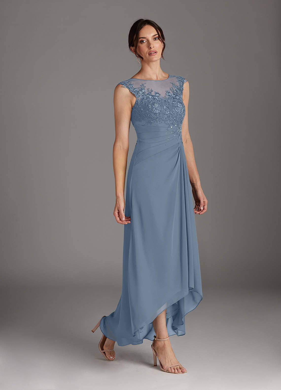 Azazie Endora Mother of the Bride Dresses Dusty Blue A-Line Scoop Lace Chiffon Dress image2