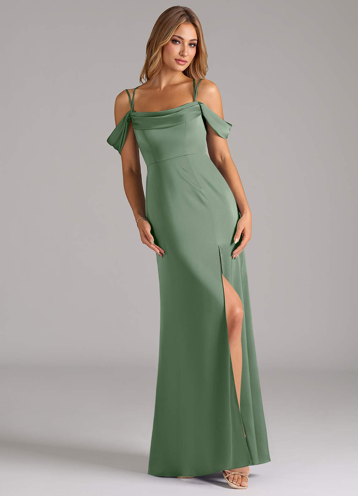 Azazie Callan Bridesmaid Dresses Matcha A-Line Pleated Stretch Satin Convertible Dress image1