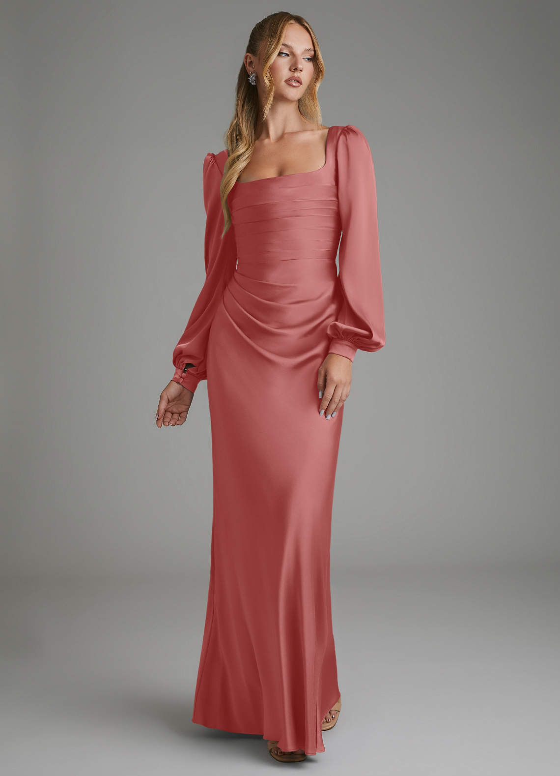 Azazie Mermaid Square Neck Long Sleeve Floor-Length Stretch Satin Bridesmaid Dresses