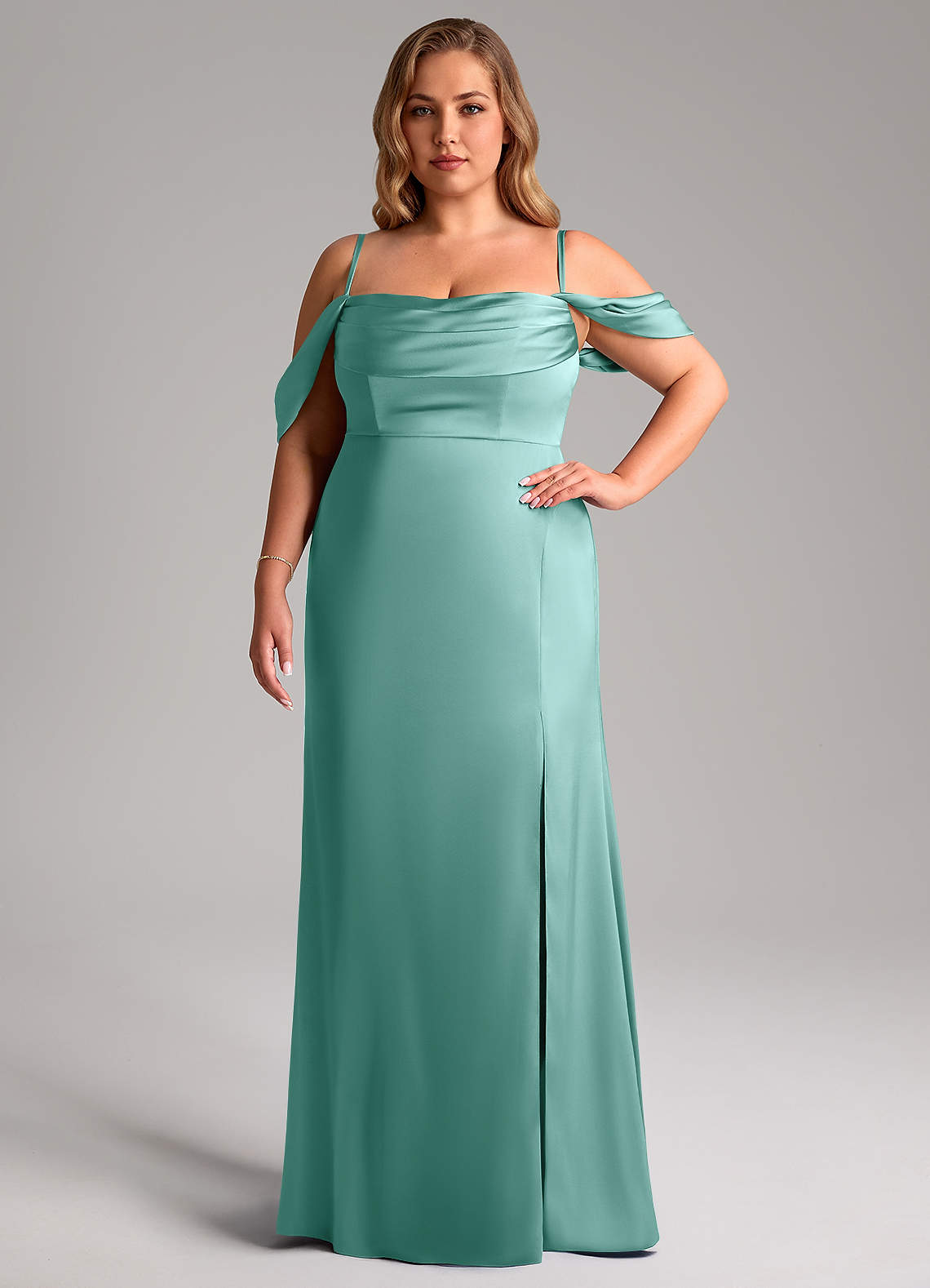Azazie Saige Bridesmaid Dresses Aqua Sheath Off the Shoulder Stretch Satin Dress image14