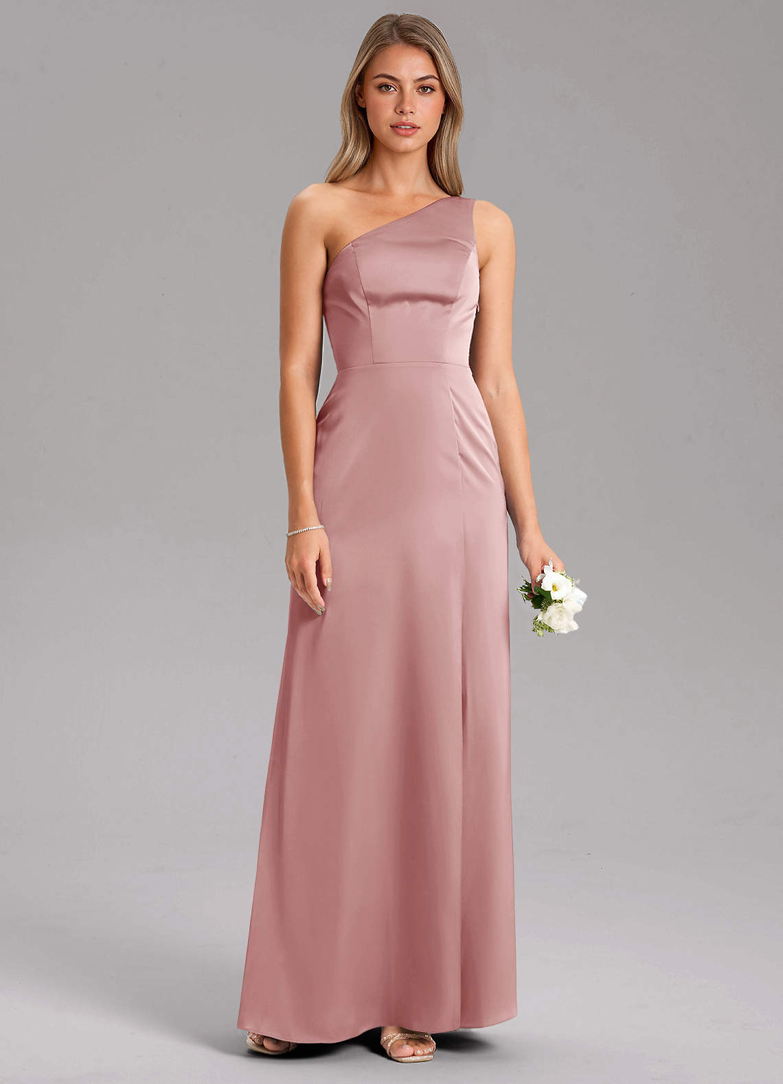 Azazie Phaedra Vestidos de madrinha de casamento Vestido Rosa Empoeirada de Cetim elástico de Linha A com Um ombro image12