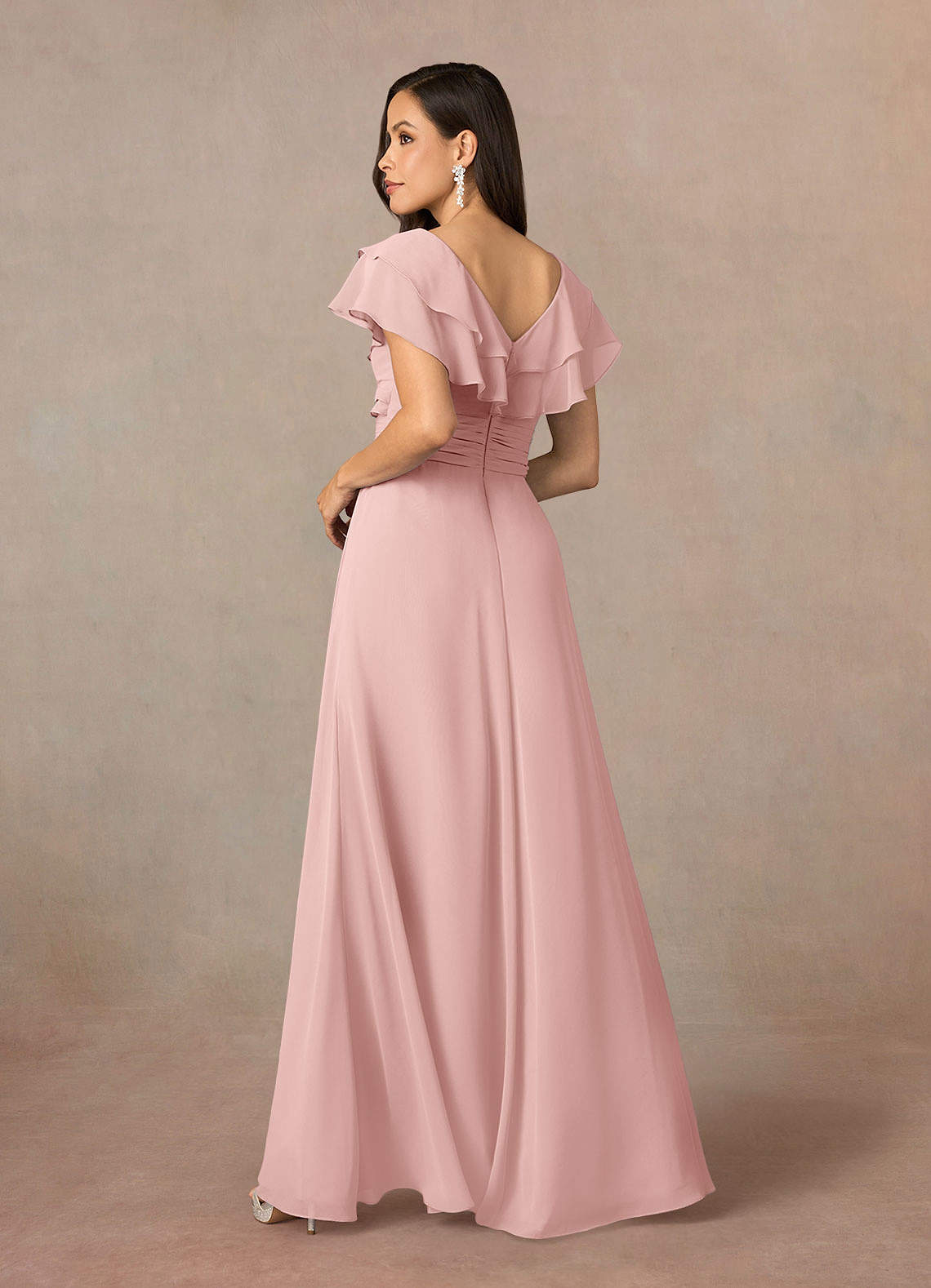 Azazie Snapdragon Brudens mor kjoler A-Line V-hals Ruched Chiffon Gulv-længde Kjole image3