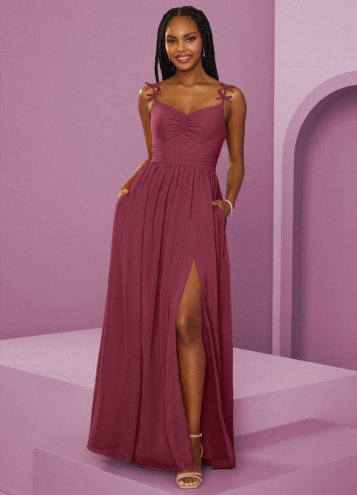 Barbie ♥ Azazie Vestidos de damas de honor Vestido de Merlot de Gasa de Corte en A con Plisado image1