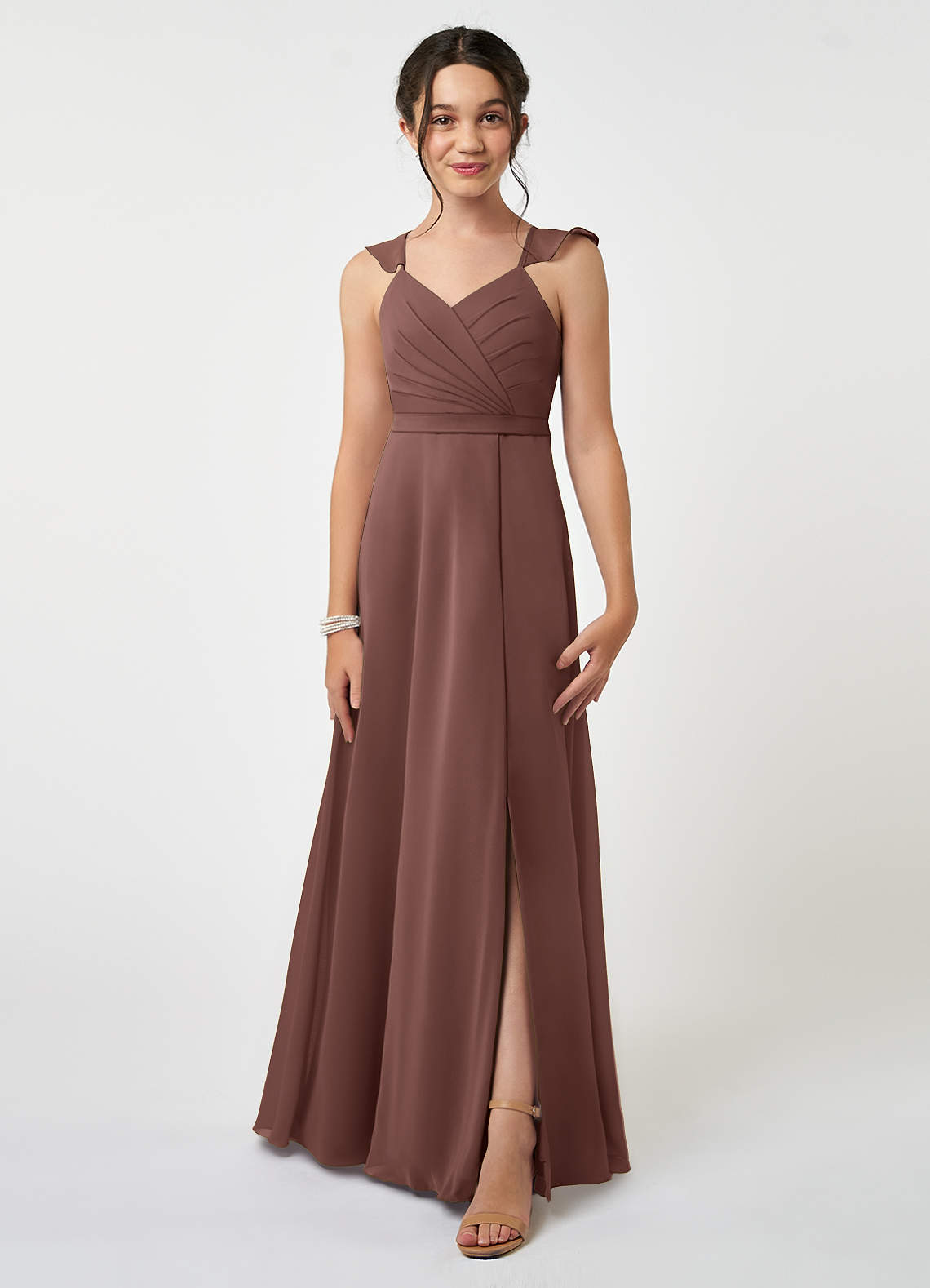 Azazie Emily Junior A-Linie Gestreift Chiffon Kleid Espresso image1