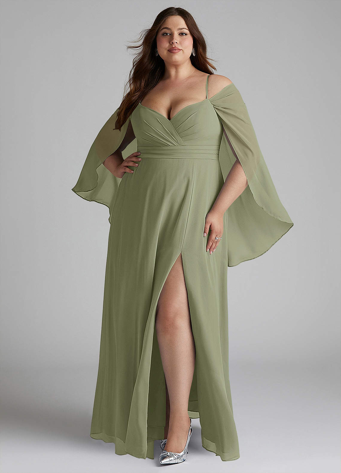 Azazie Cienna Abiti da Damigella Abito A-Line in Chiffon Maniche Lunghe Pistacchio image1