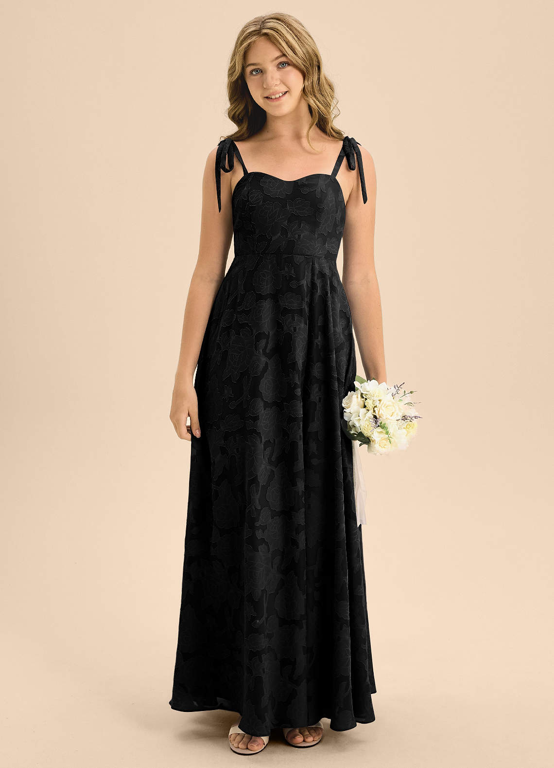 Azazie Rosey Junior Black A-Line Sweetheart Neckline Floral Burnout Dress image1