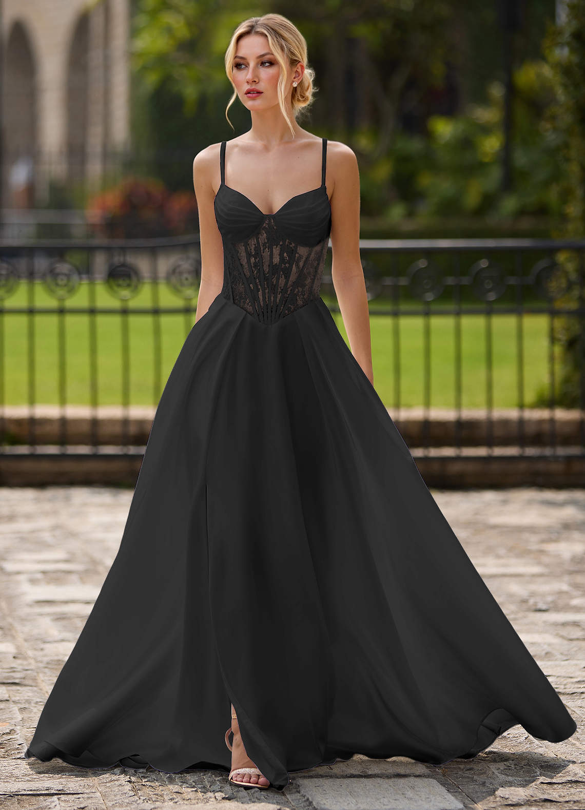 Azazie 2026 Modest Lace Up Lace A-Line Prom Dress Black Gown